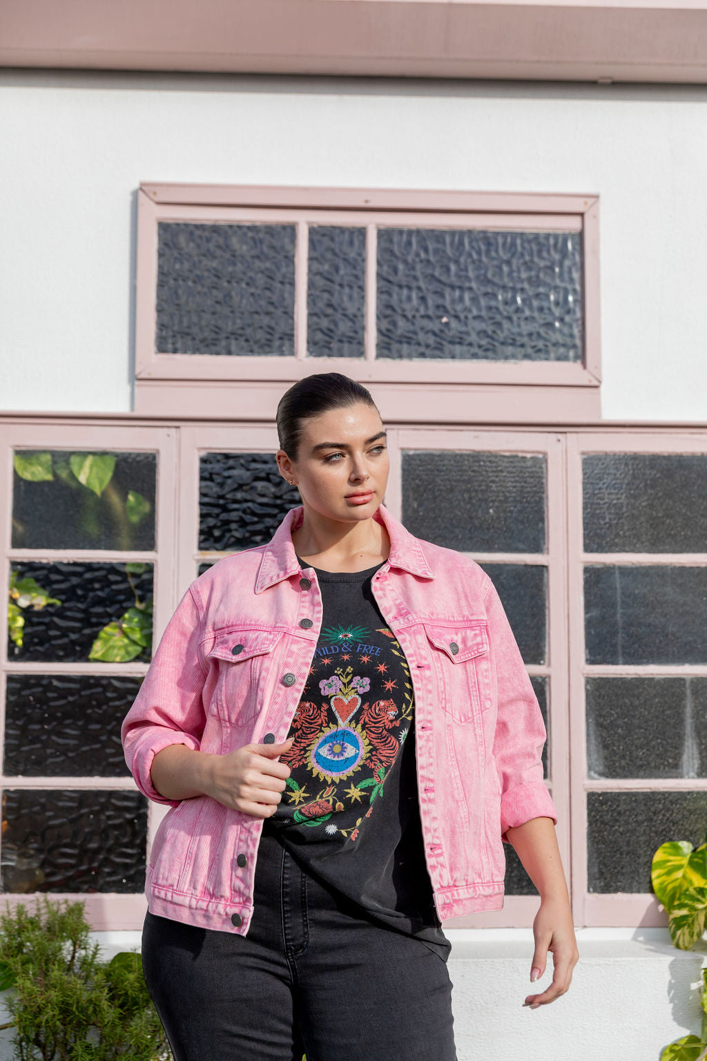 Hayden Boyfriend Denim Jacket in Pink Wash