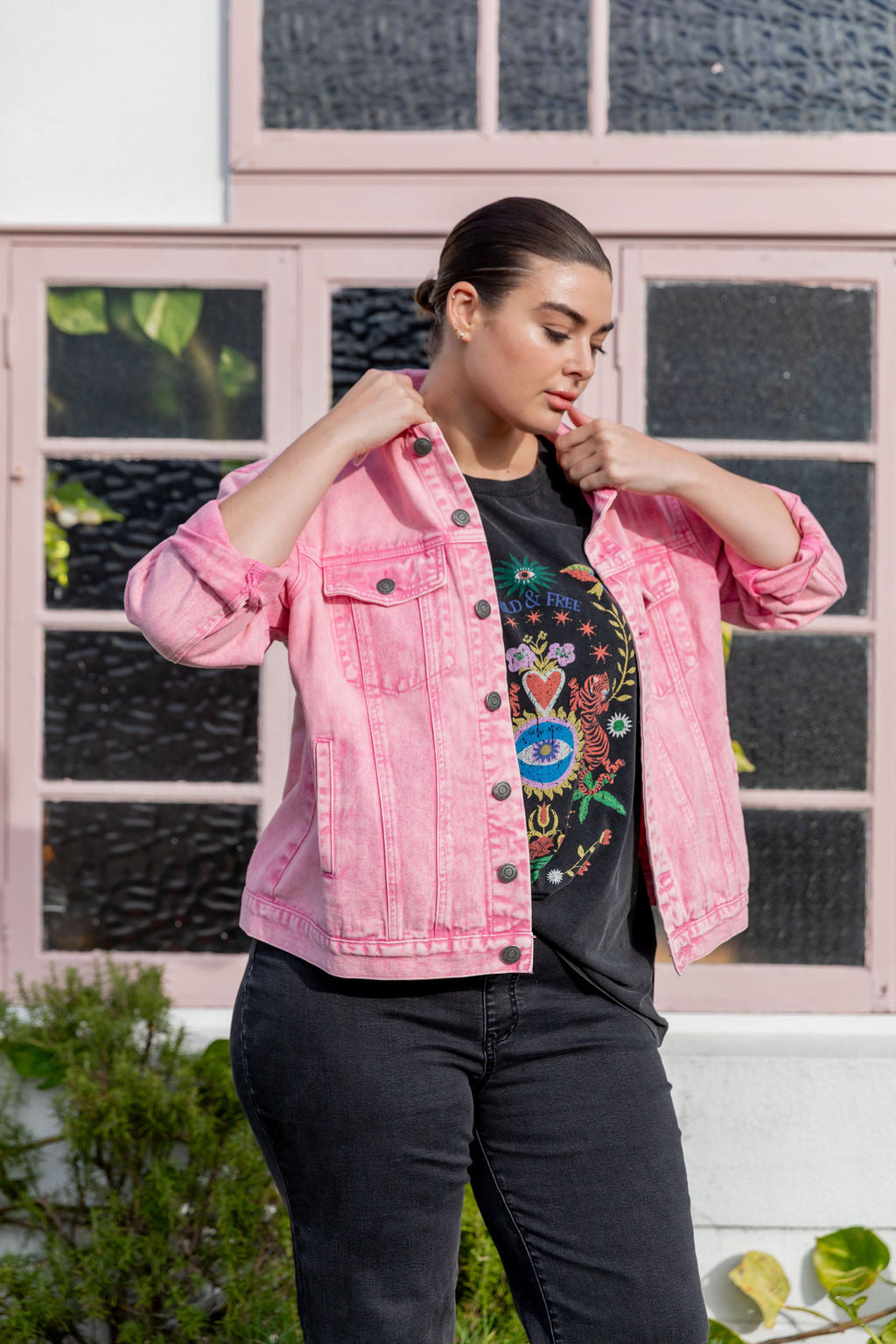 Hayden Boyfriend Denim Jacket in Pink Wash