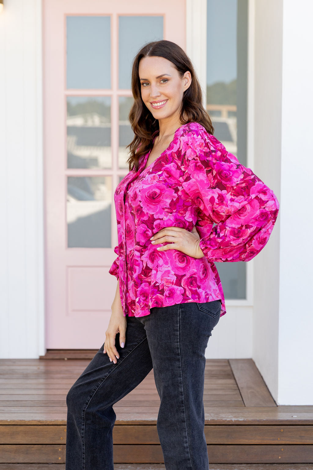 Winona Long Sleeve Blouse In Pink Roses