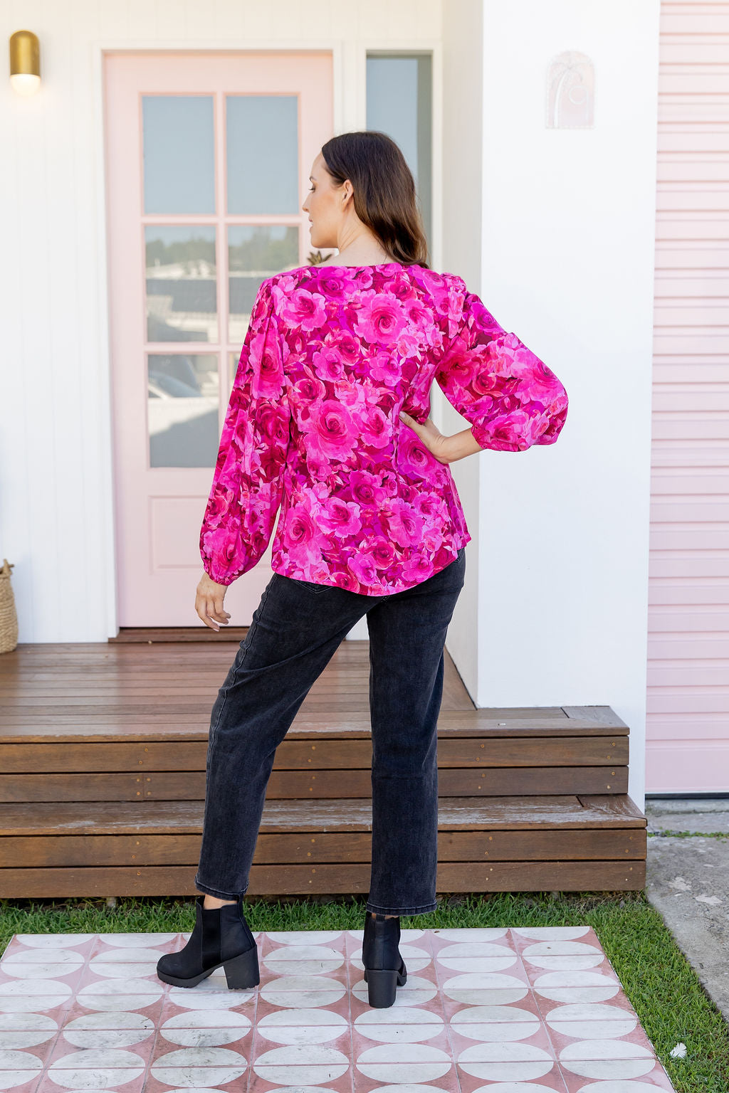 Winona Long Sleeve Blouse In Pink Roses