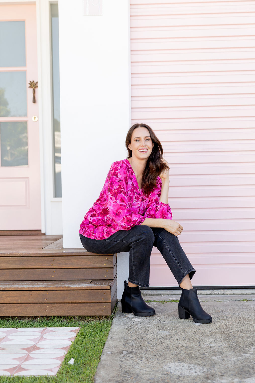 Winona Long Sleeve Blouse In Pink Roses