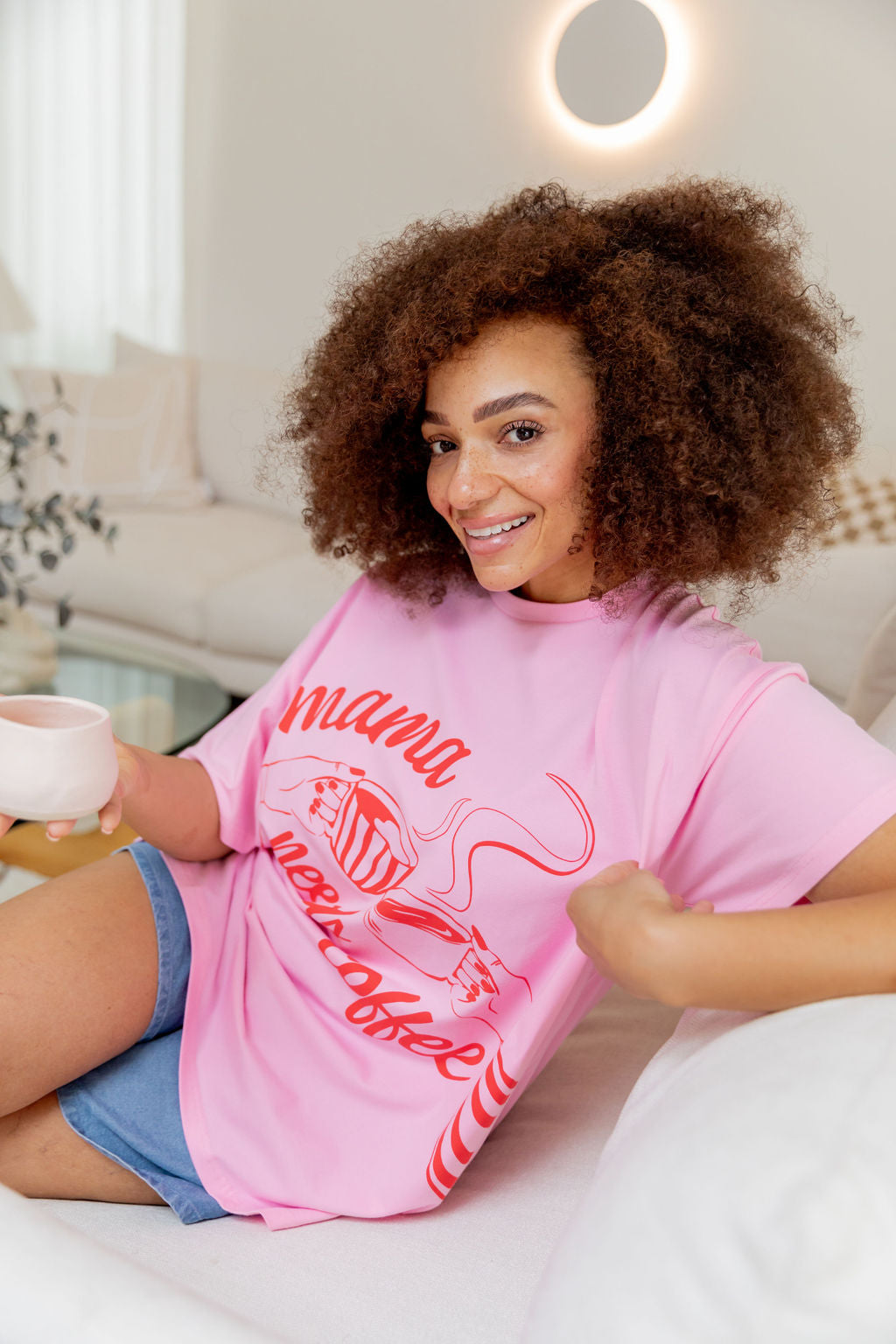 Mamma Needs Coffee Tee in Sherbet