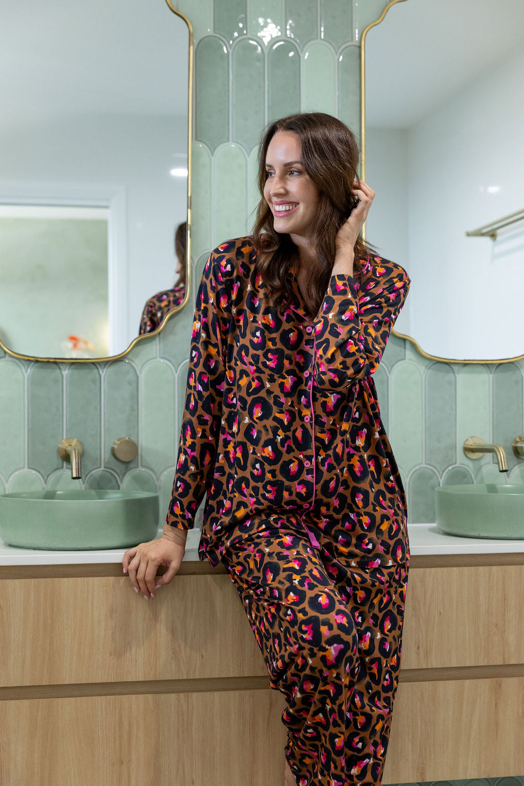 Zen L/S Shirt & Pant Sleepwear Set in Bronze Leopard by Kasey Rainbow