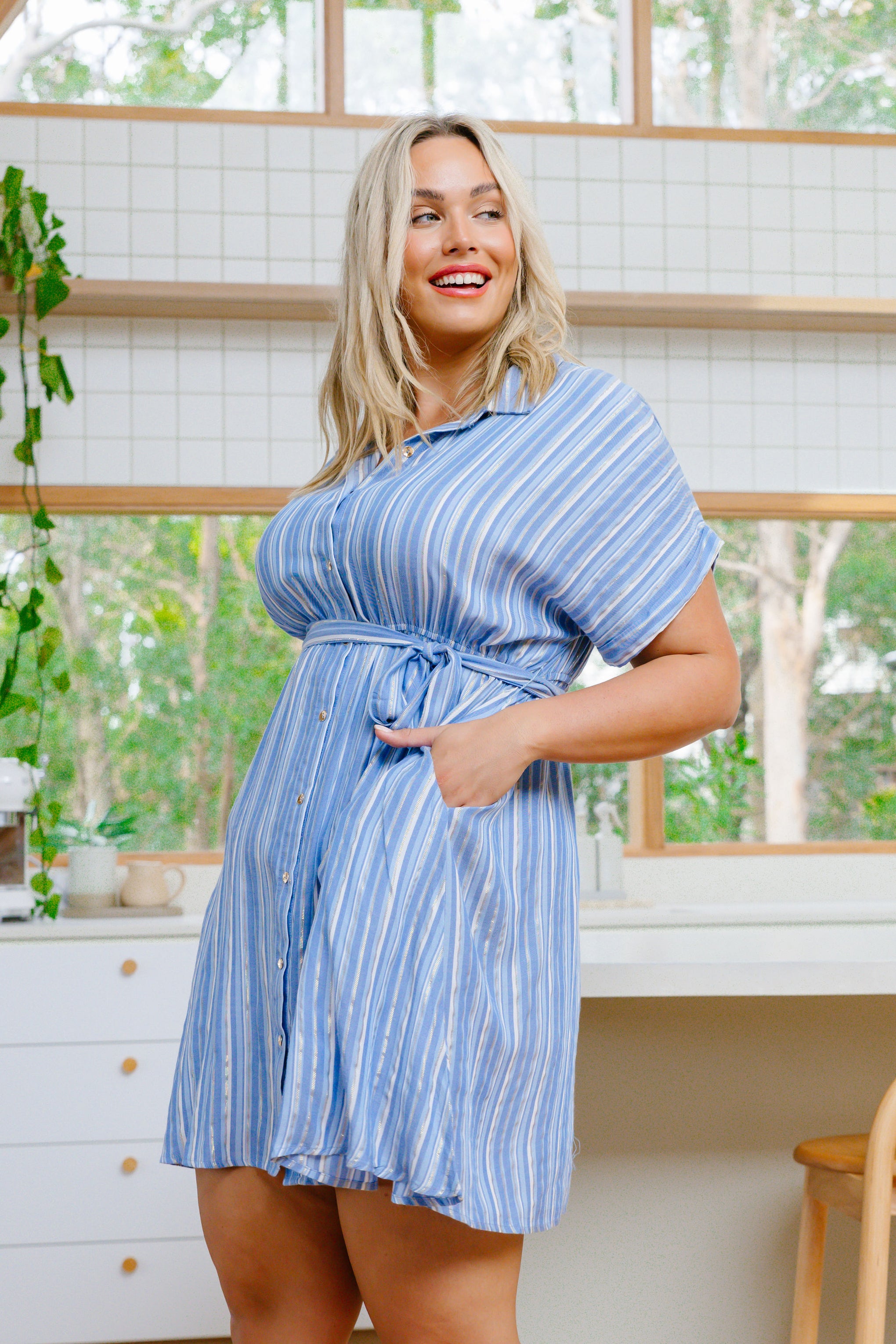 Romy Party Dress in Blue/Metallic Stripe