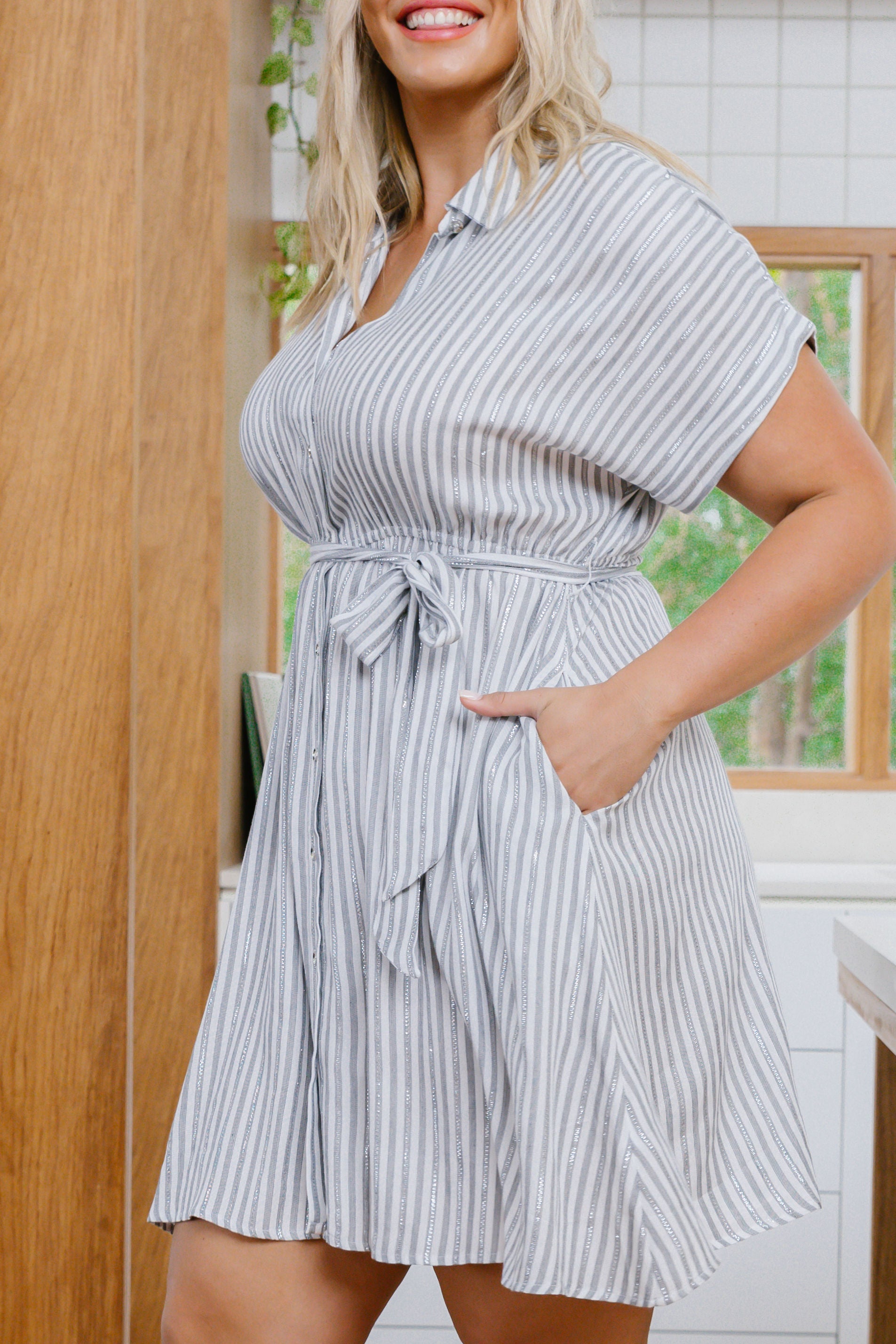 Romy Party Dress in White/Metallic Stripe