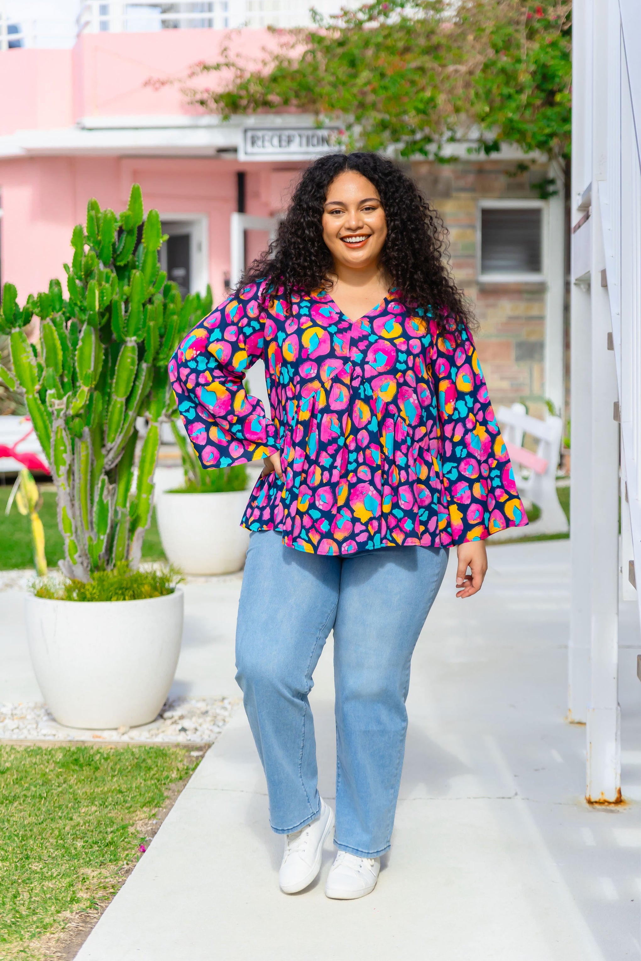 Long Sleeve Peak Top in Magenta Leopard by Kasey Rainbow