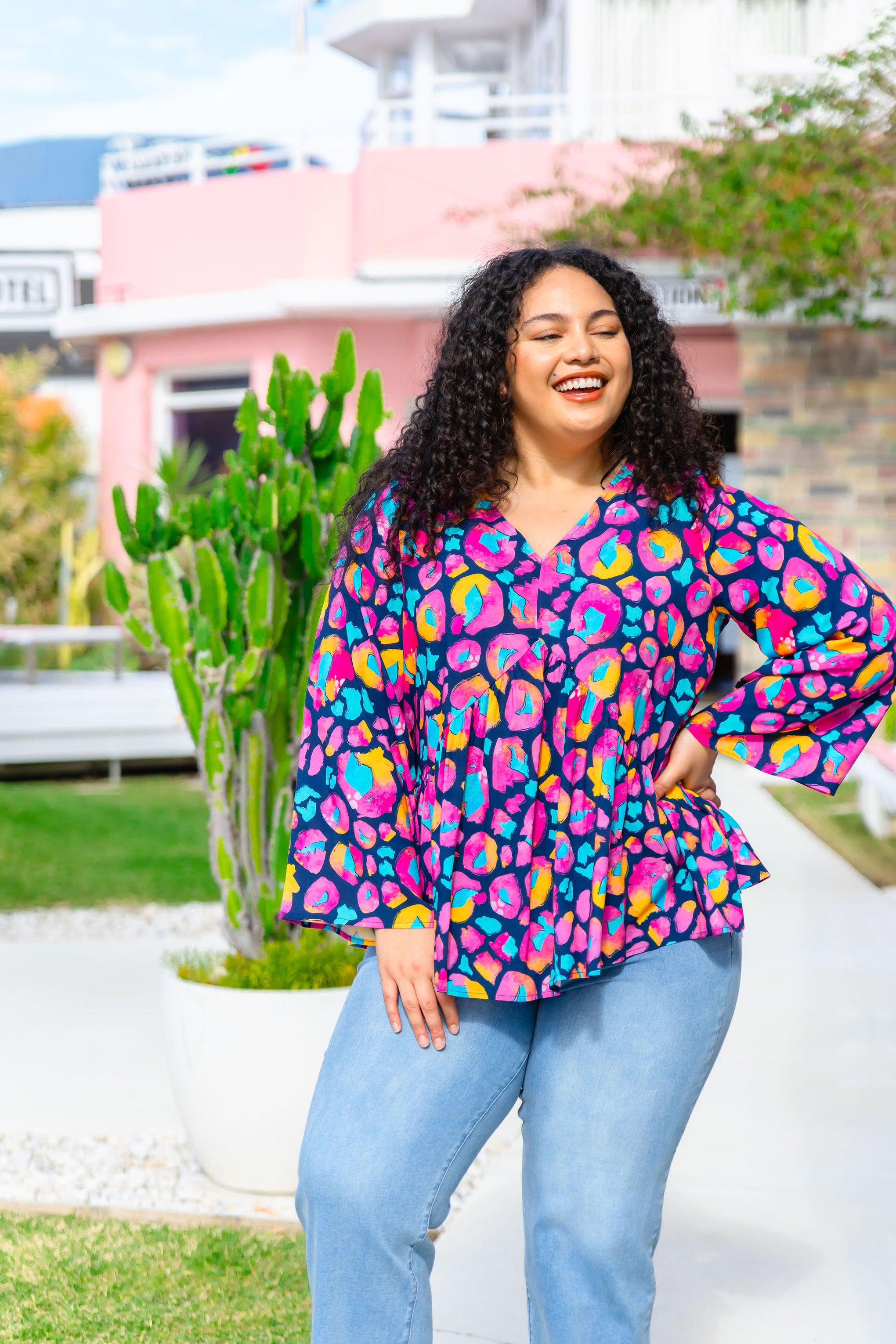 Long Sleeve Peak Top in Magenta Leopard by Kasey Rainbow