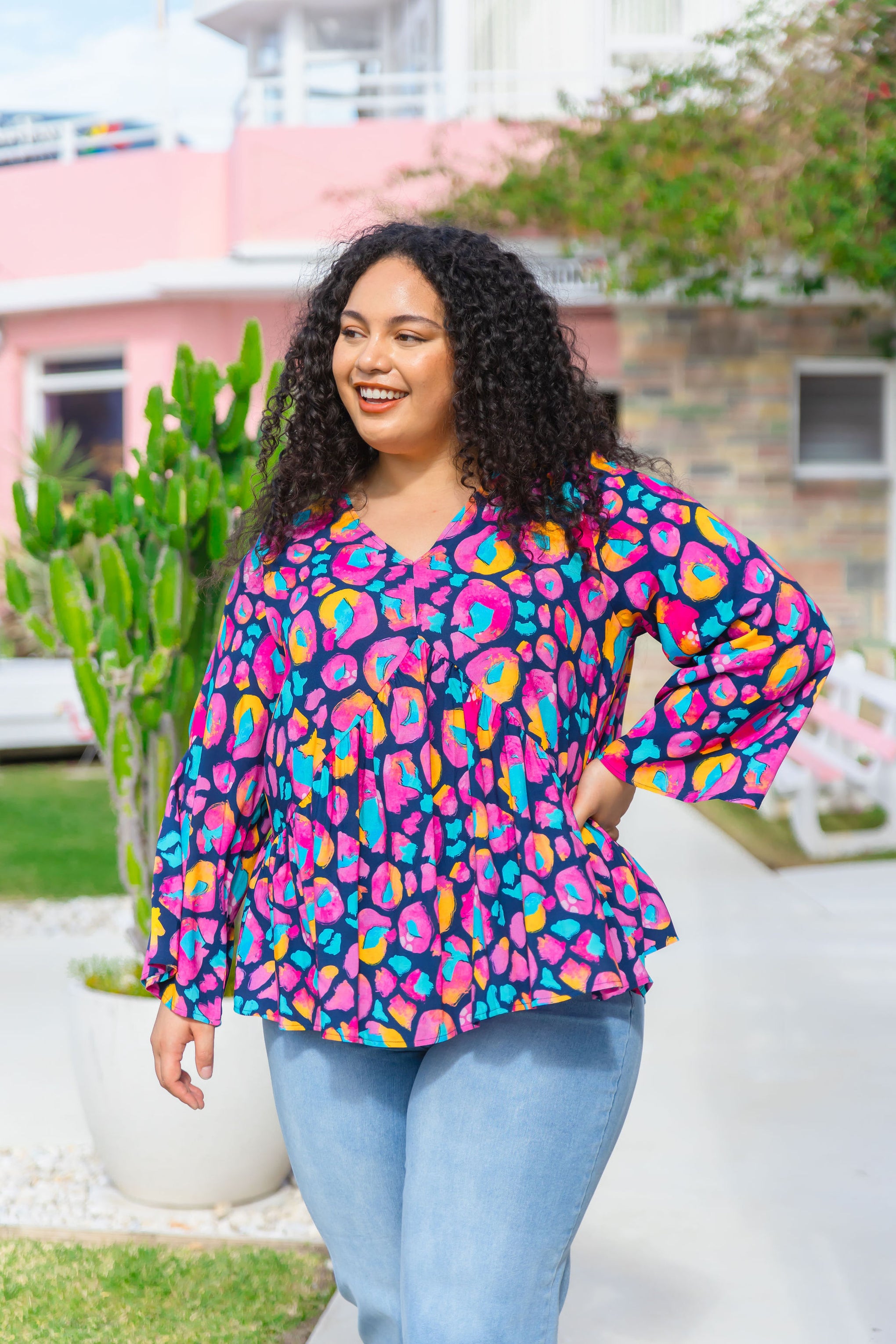 Long Sleeve Peak Top in Magenta Leopard by Kasey Rainbow