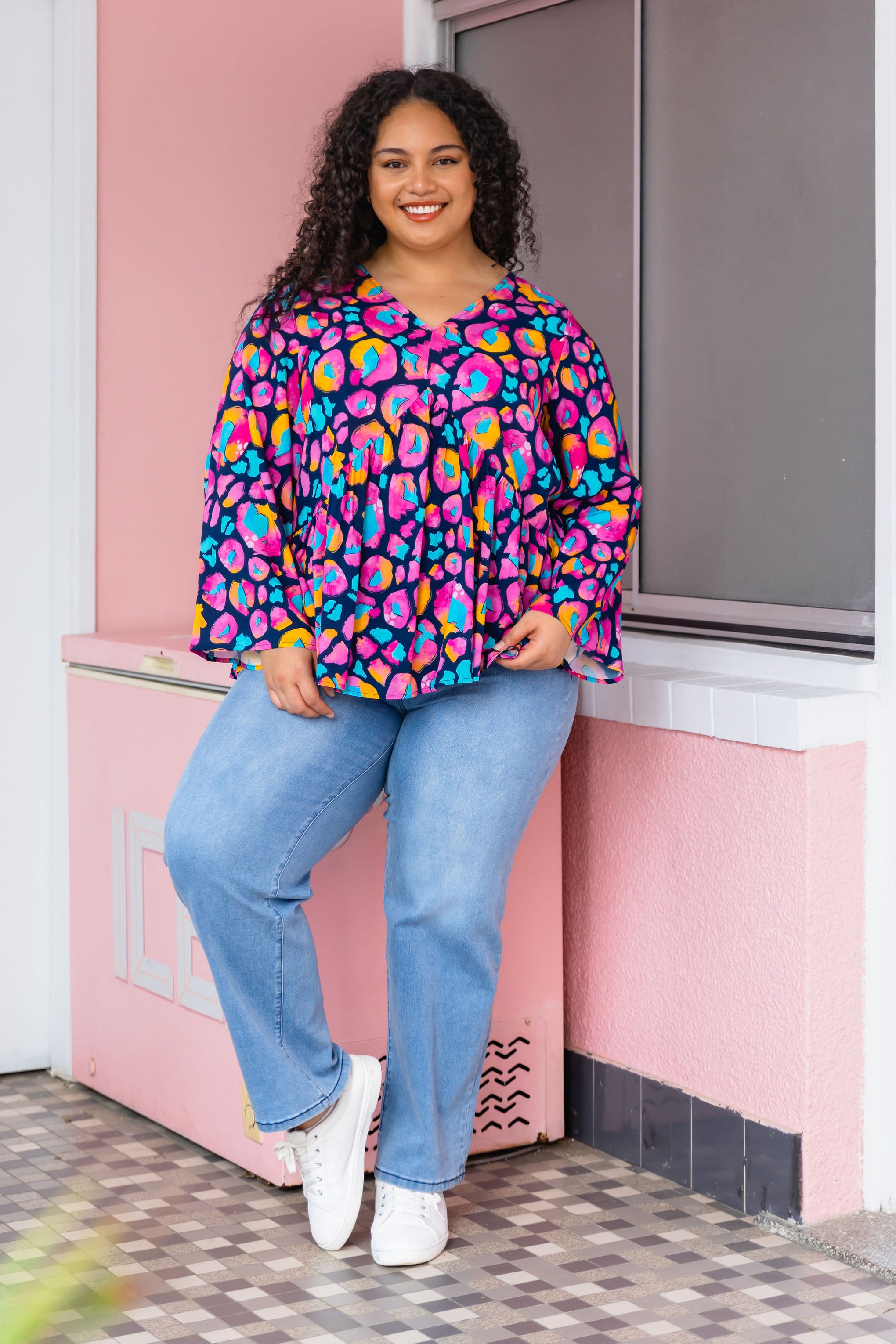 Long Sleeve Peak Top in Magenta Leopard by Kasey Rainbow