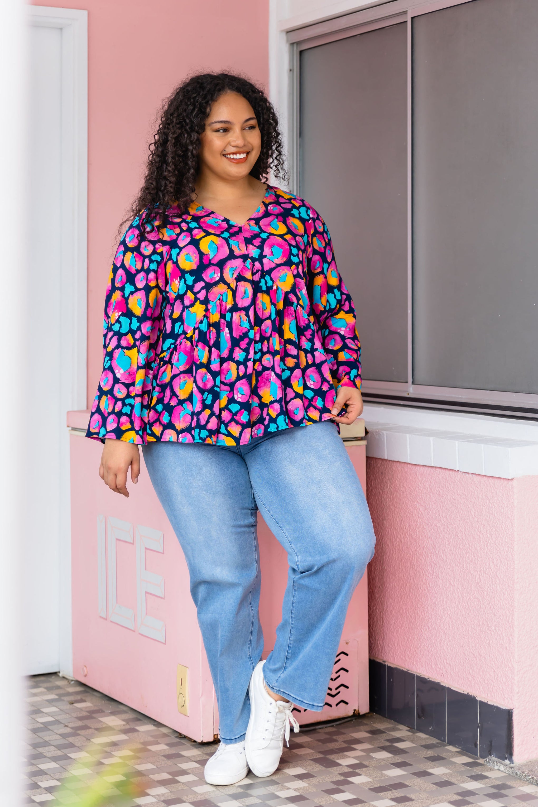Long Sleeve Peak Top in Magenta Leopard by Kasey Rainbow