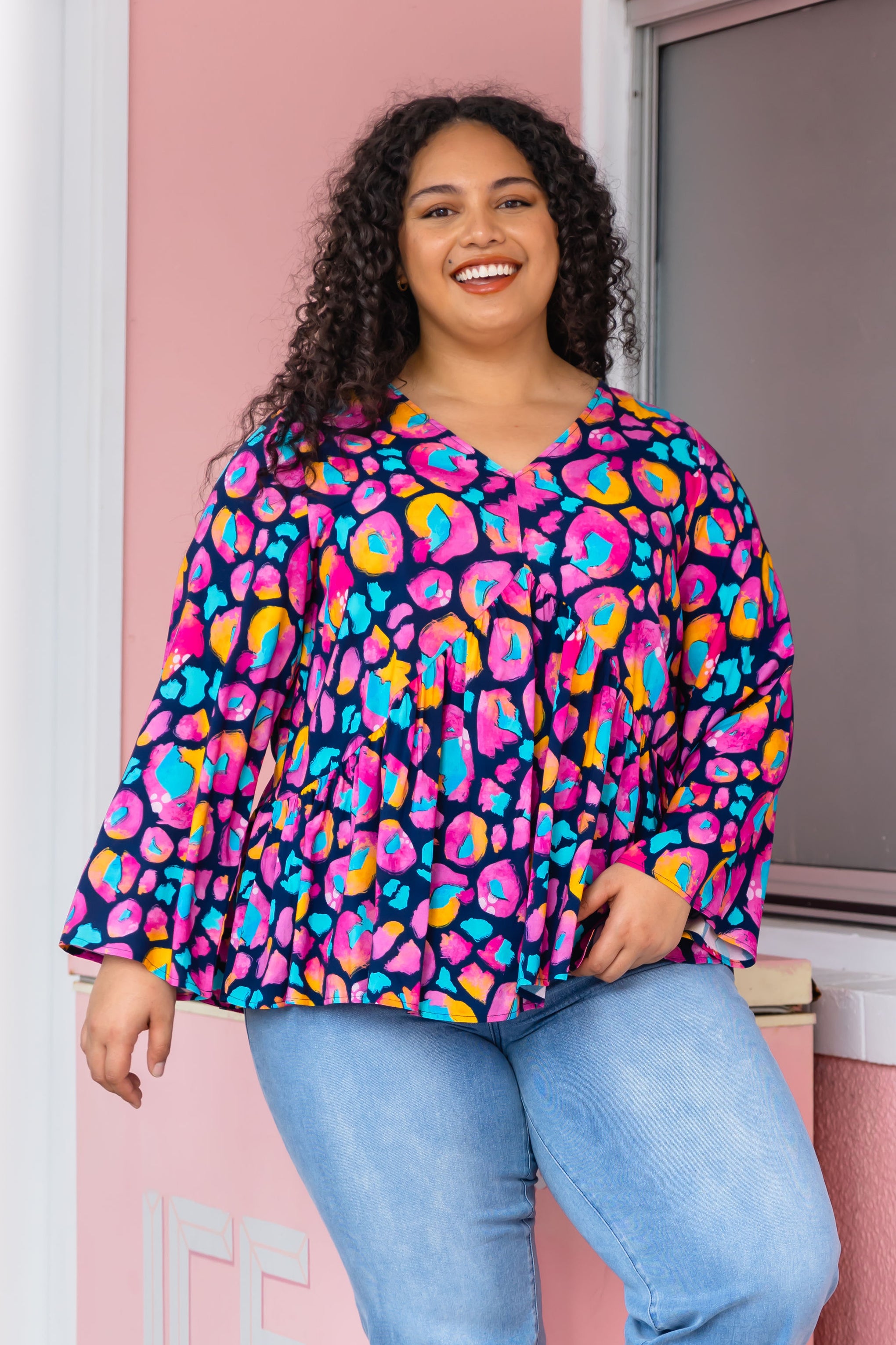 Long Sleeve Peak Top in Magenta Leopard by Kasey Rainbow