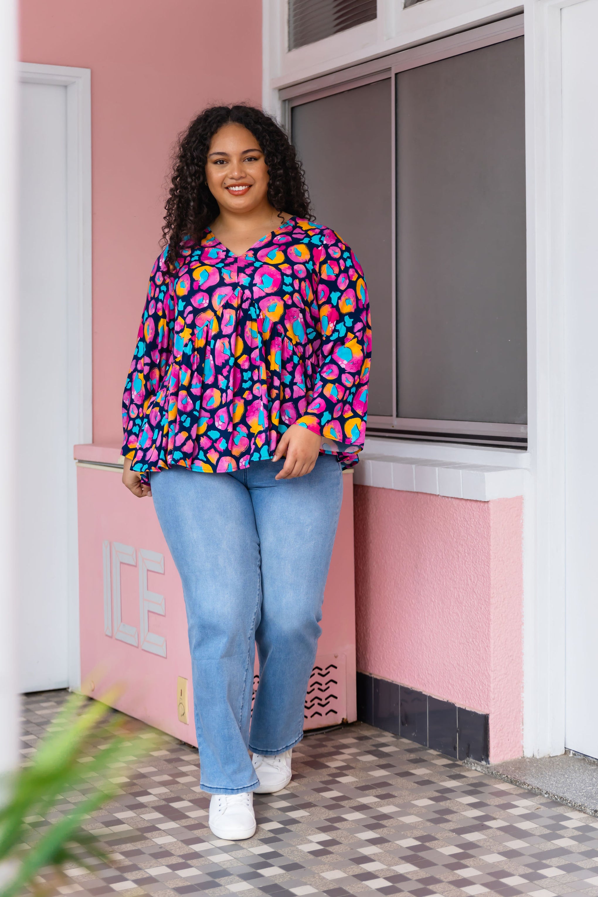 Long Sleeve Peak Top in Magenta Leopard by Kasey Rainbow