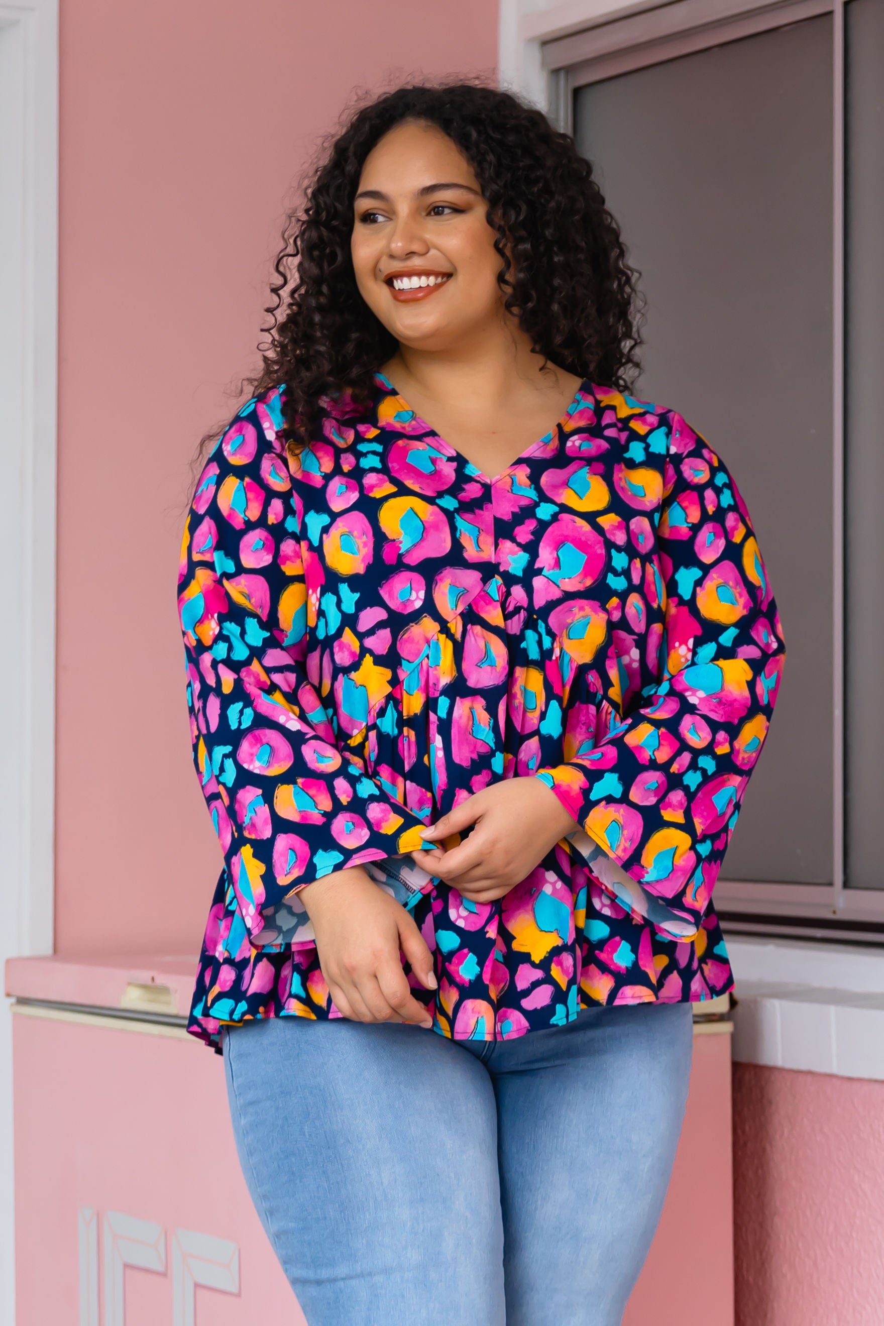 Long Sleeve Peak Top in Magenta Leopard by Kasey Rainbow