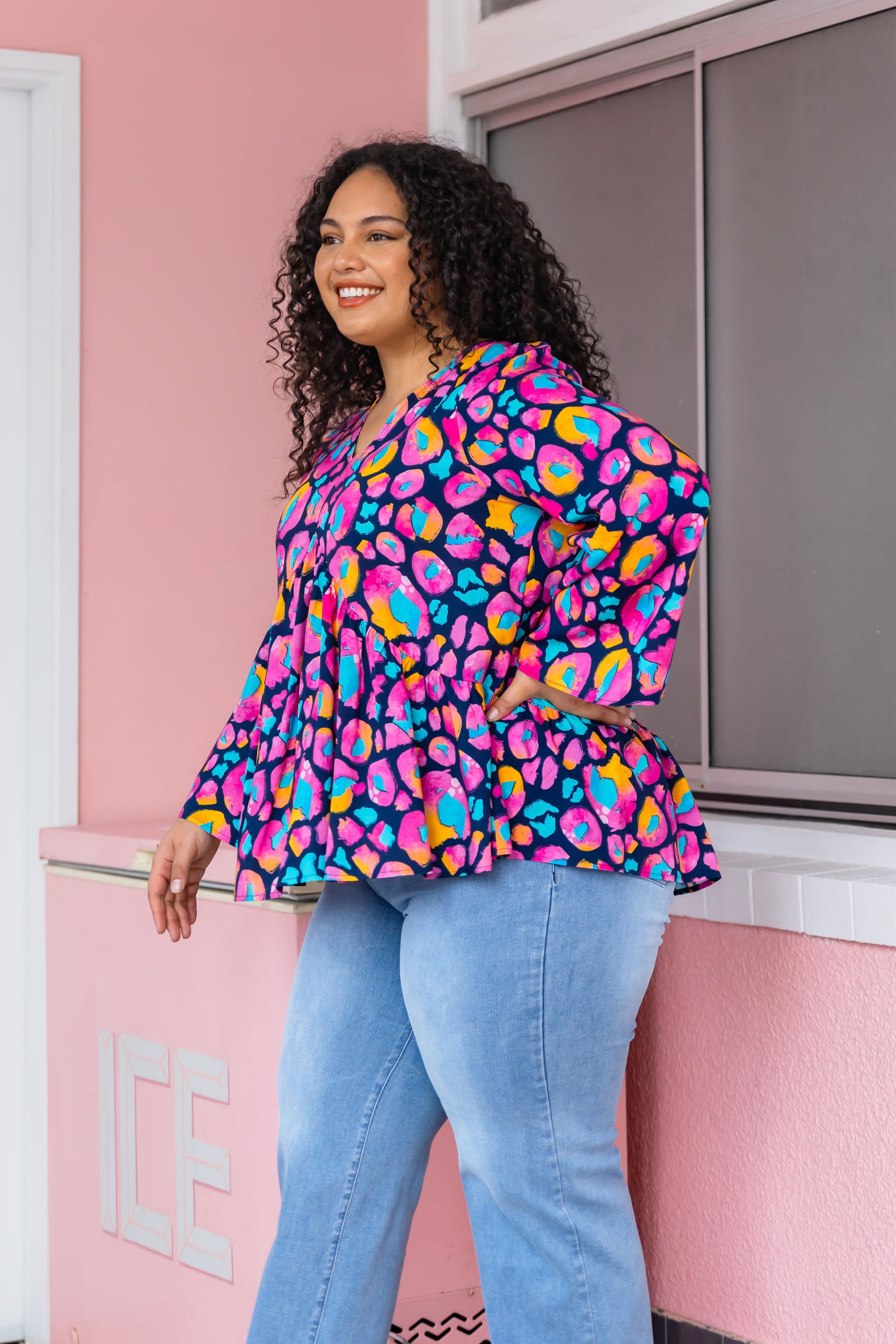 Long Sleeve Peak Top in Magenta Leopard by Kasey Rainbow