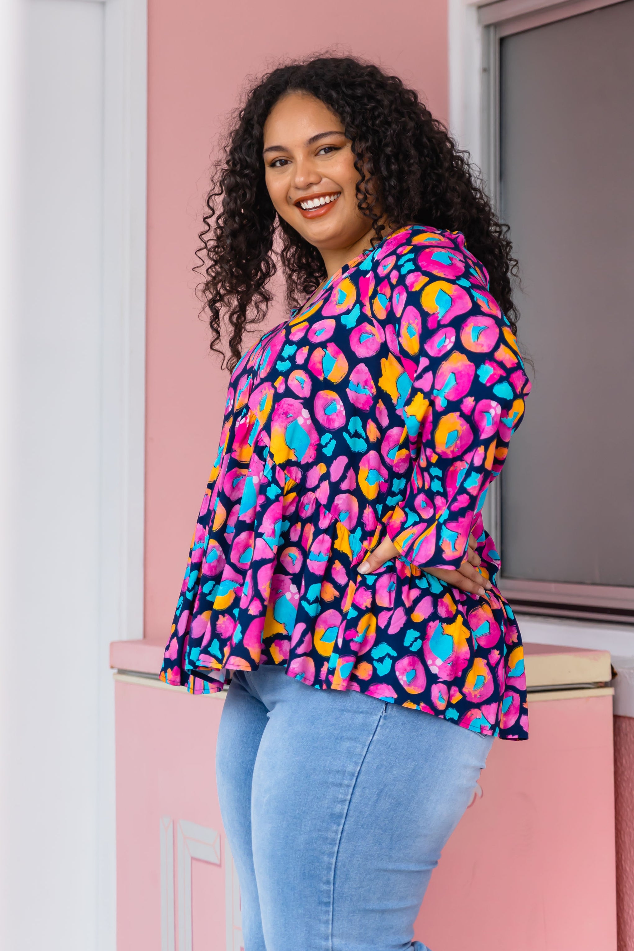 Long Sleeve Peak Top in Magenta Leopard by Kasey Rainbow