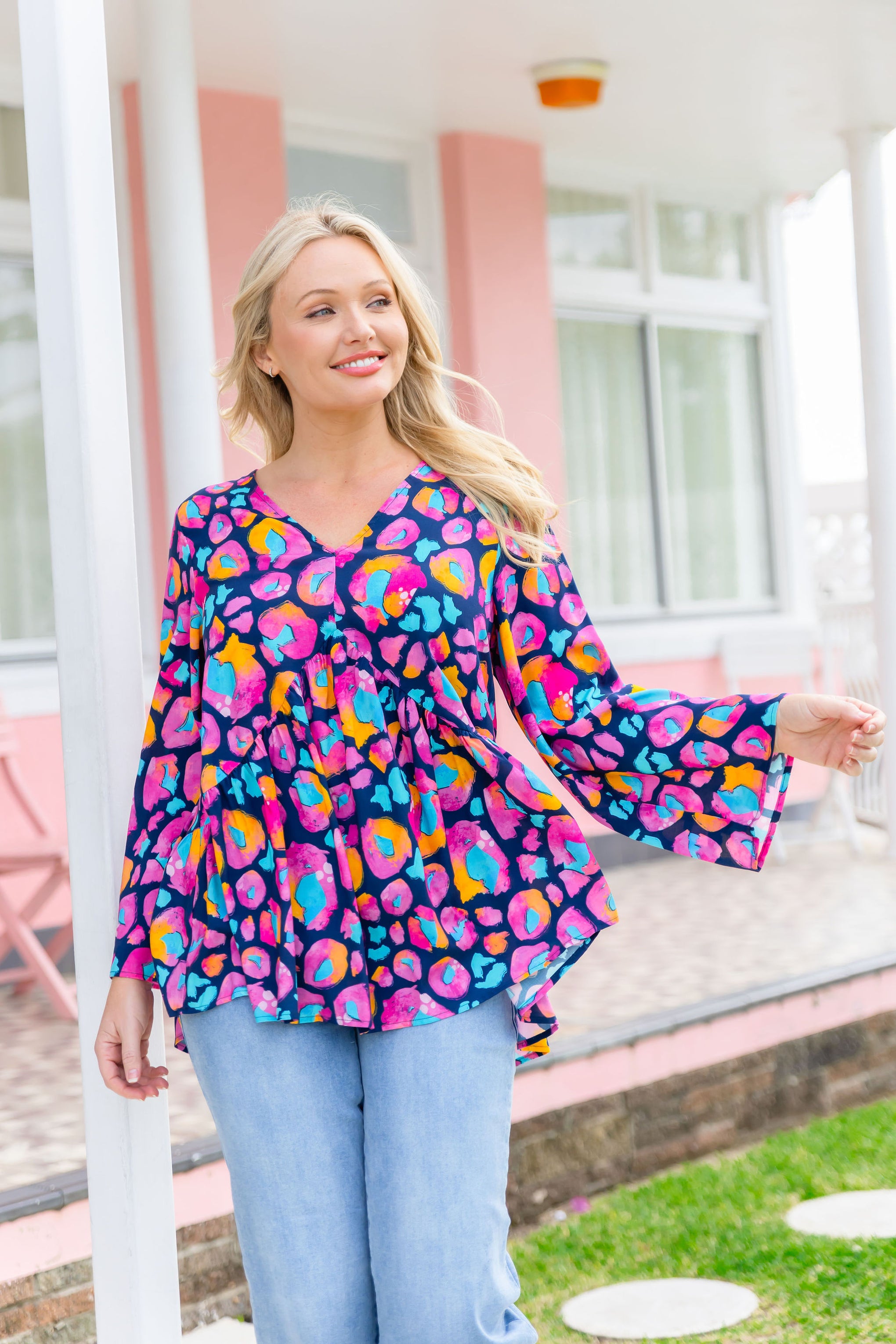 Long Sleeve Peak Top in Magenta Leopard by Kasey Rainbow