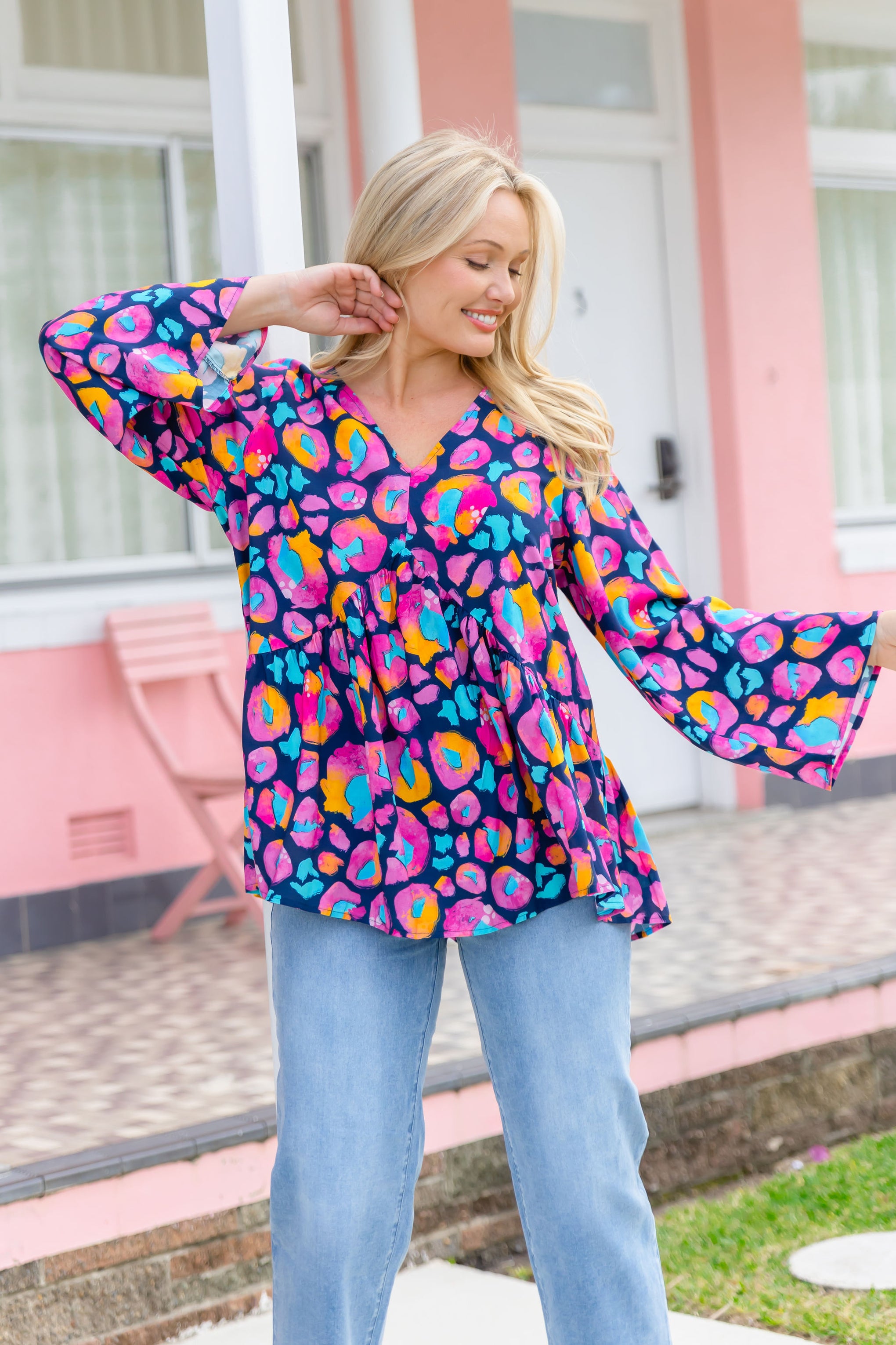 Long Sleeve Peak Top in Magenta Leopard by Kasey Rainbow