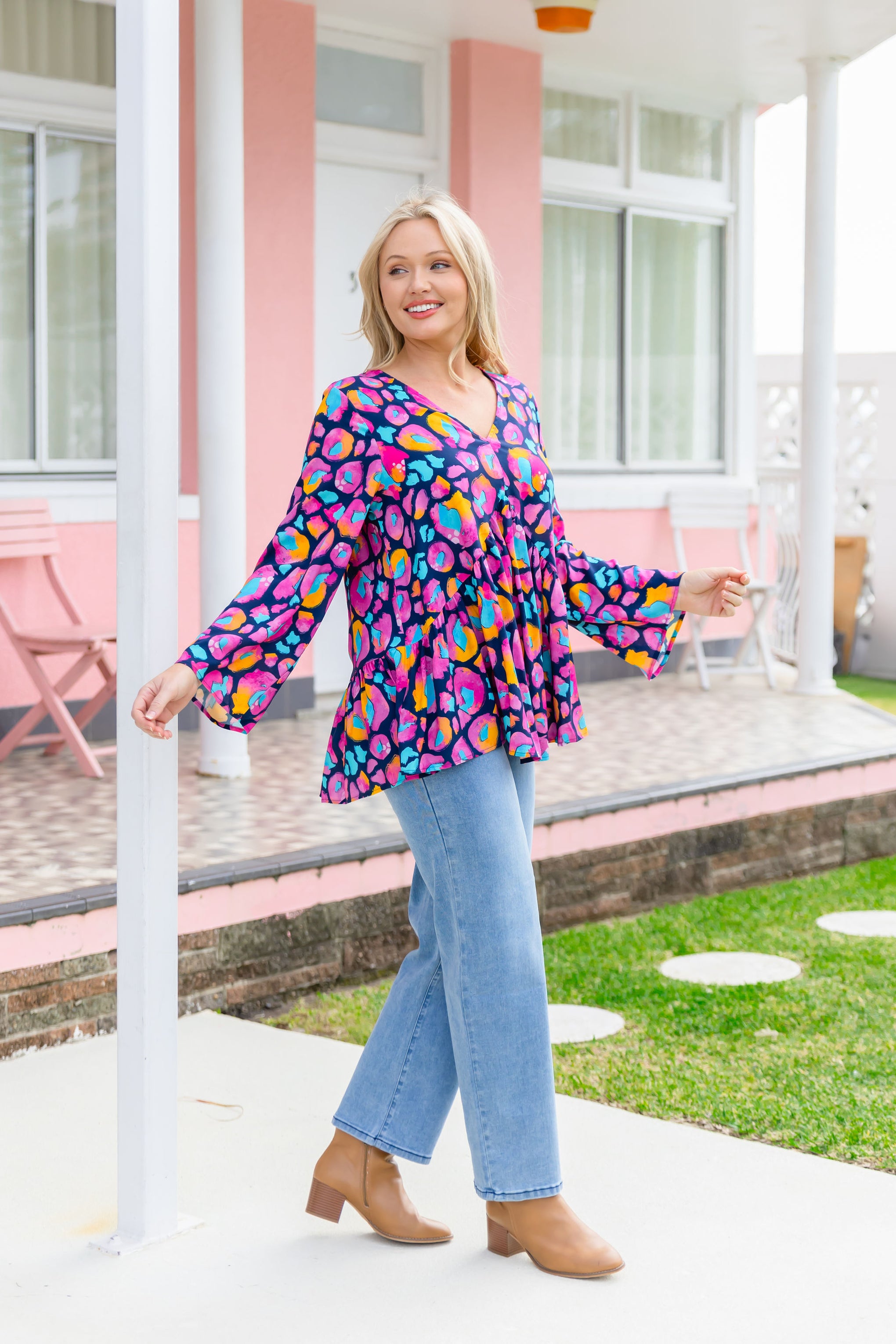 Long Sleeve Peak Top in Magenta Leopard by Kasey Rainbow