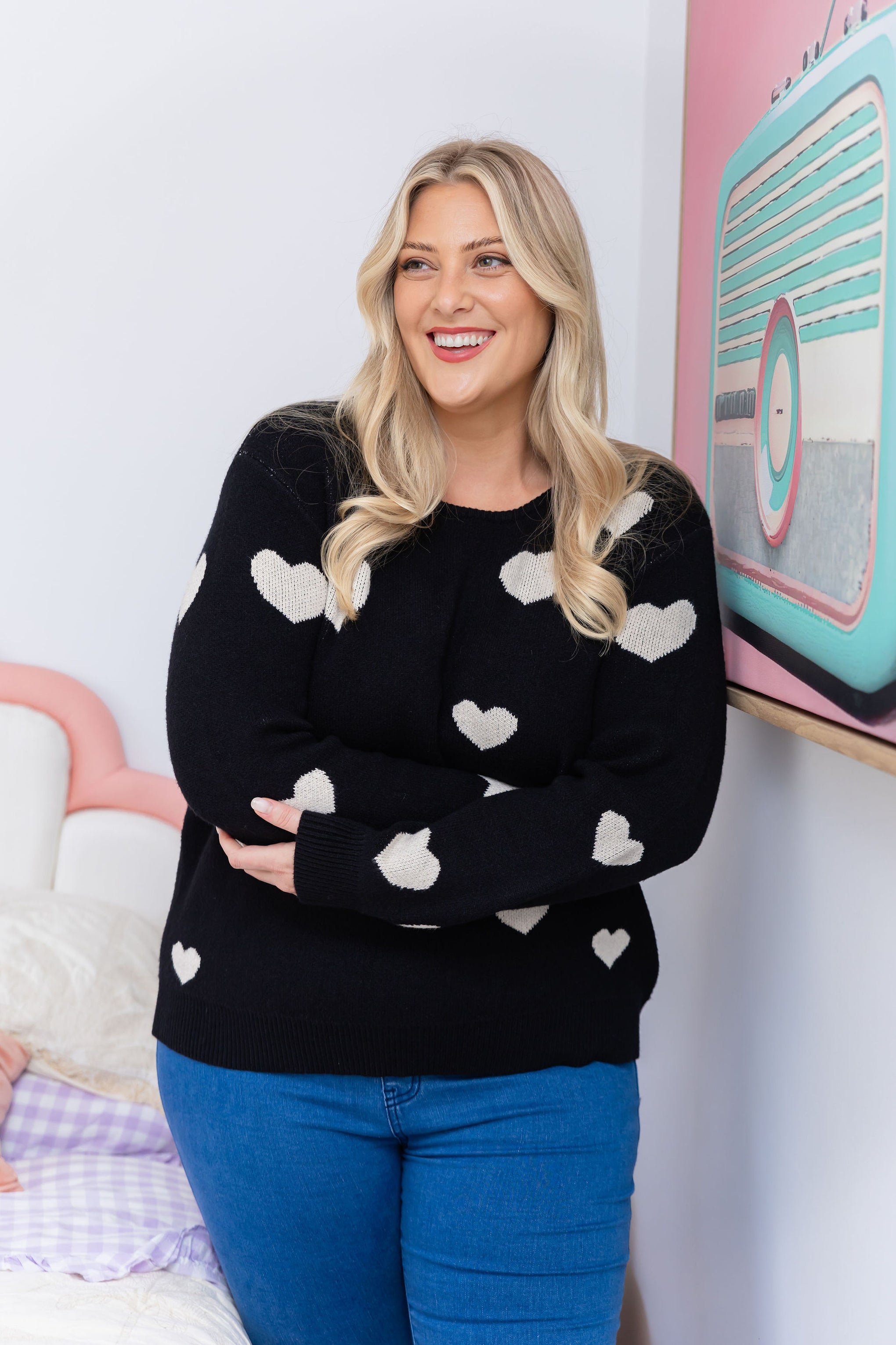 Amor Knit Jumper in Black with Cream Hearts