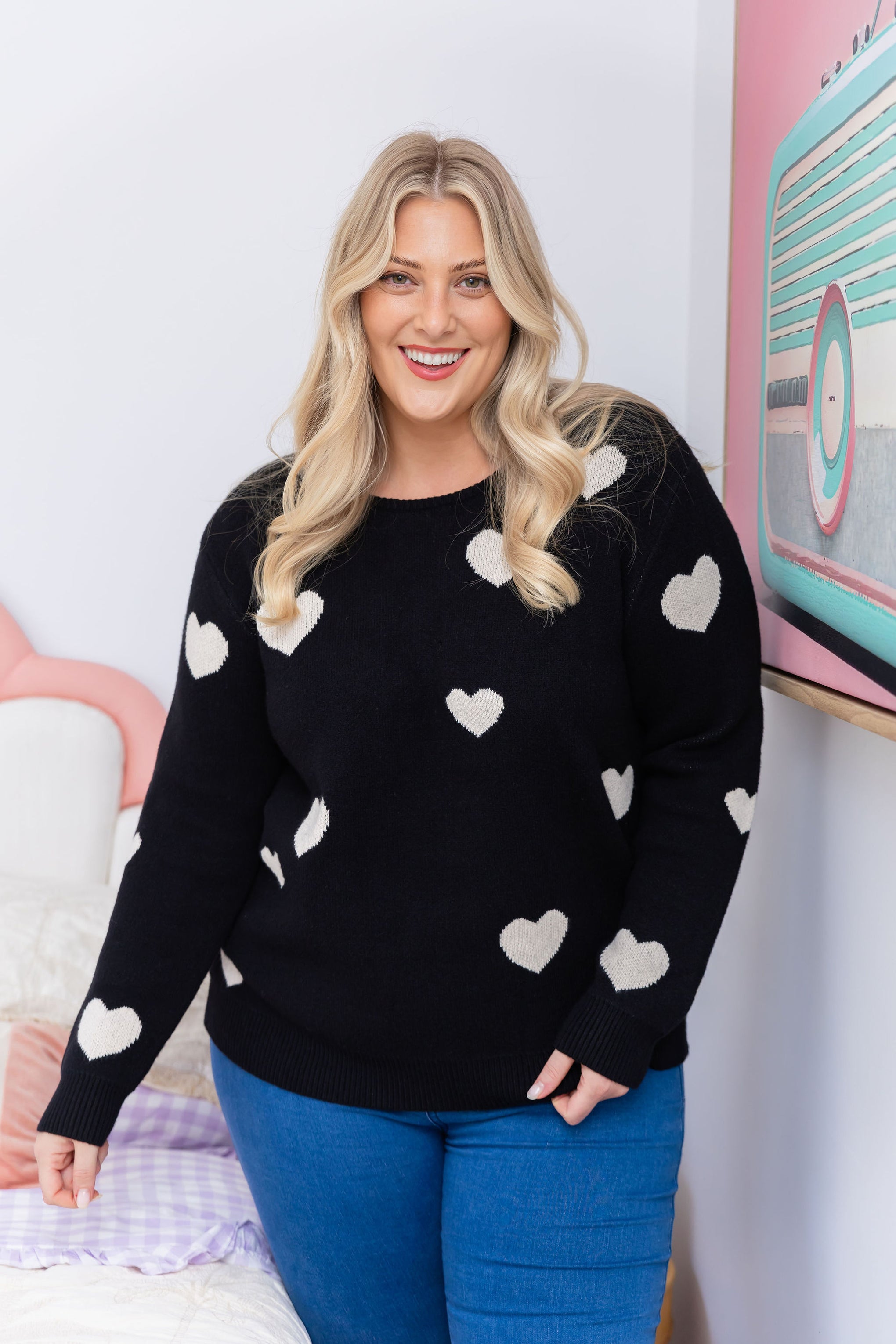 Amor Knit Jumper in Black with Cream Hearts