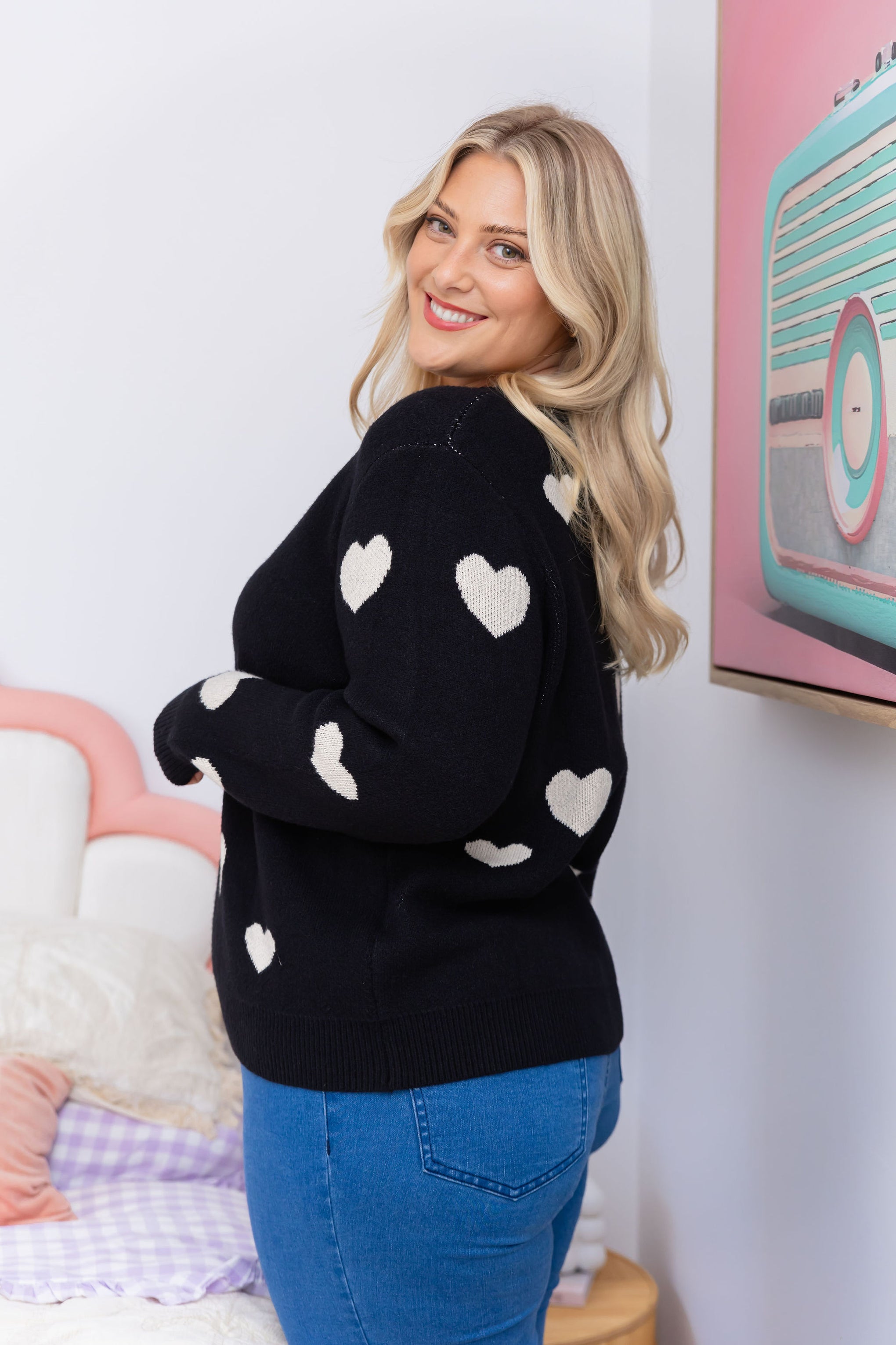 Amor Knit Jumper in Black with Cream Hearts
