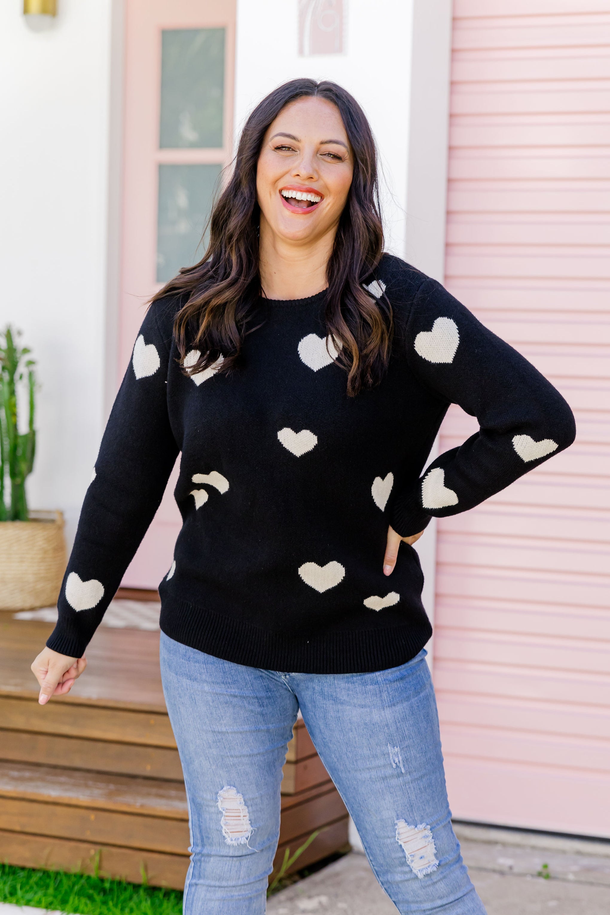 Amor Knit Jumper in Black with Cream Hearts