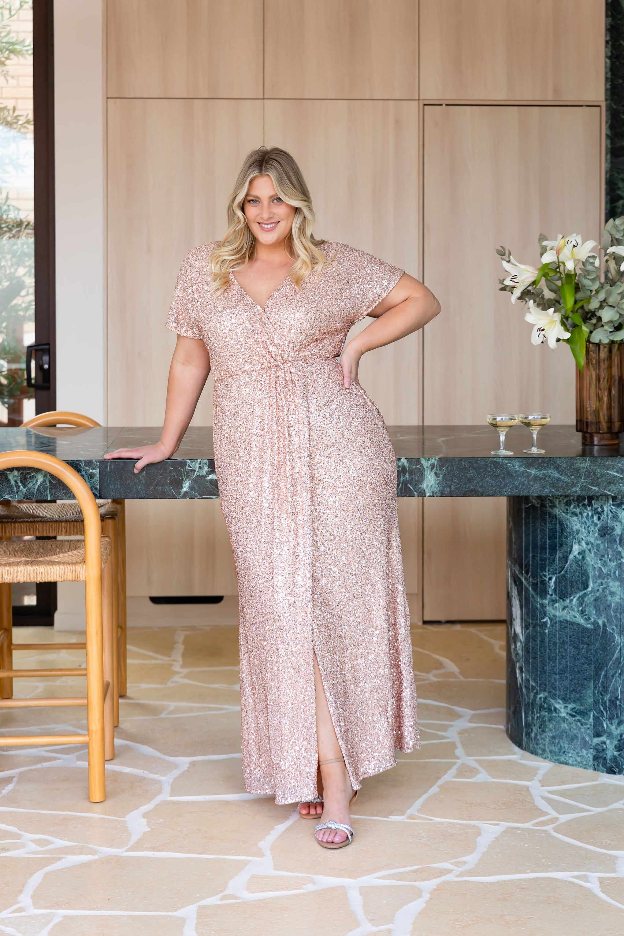 Arabella Sequin Maxi Dress in Light Bronze