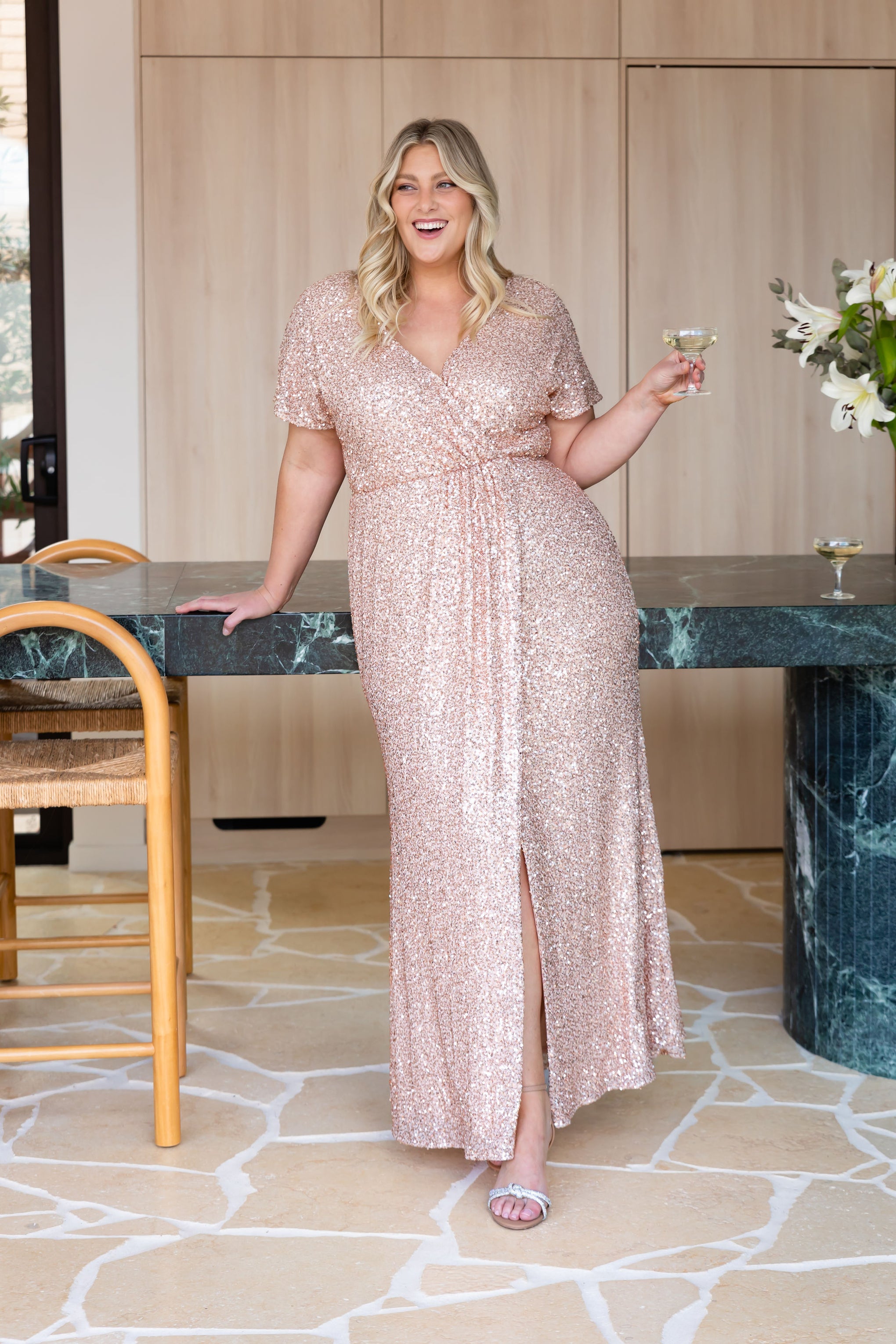 Arabella Sequin Maxi Dress in Light Bronze