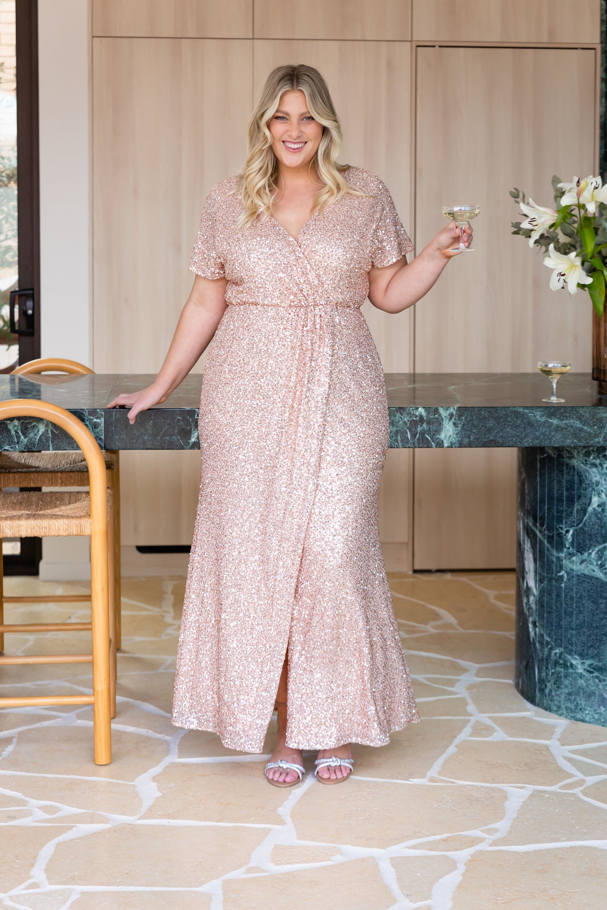 Arabella Sequin Maxi Dress in Light Bronze
