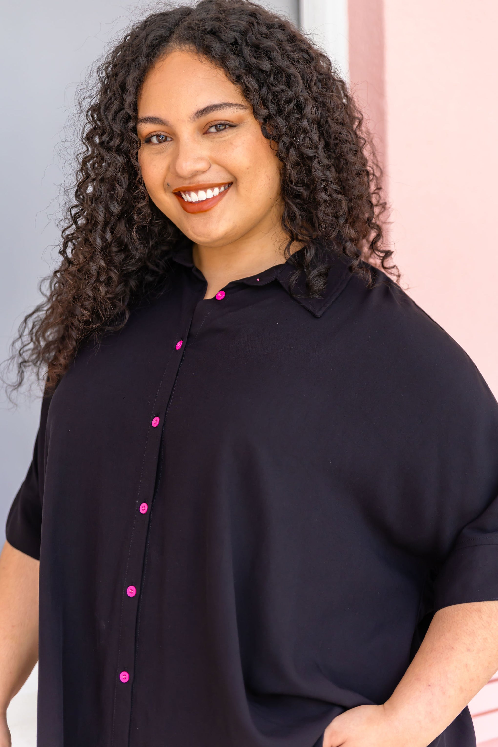 Tammin Shirt In Black with Pink Buttons