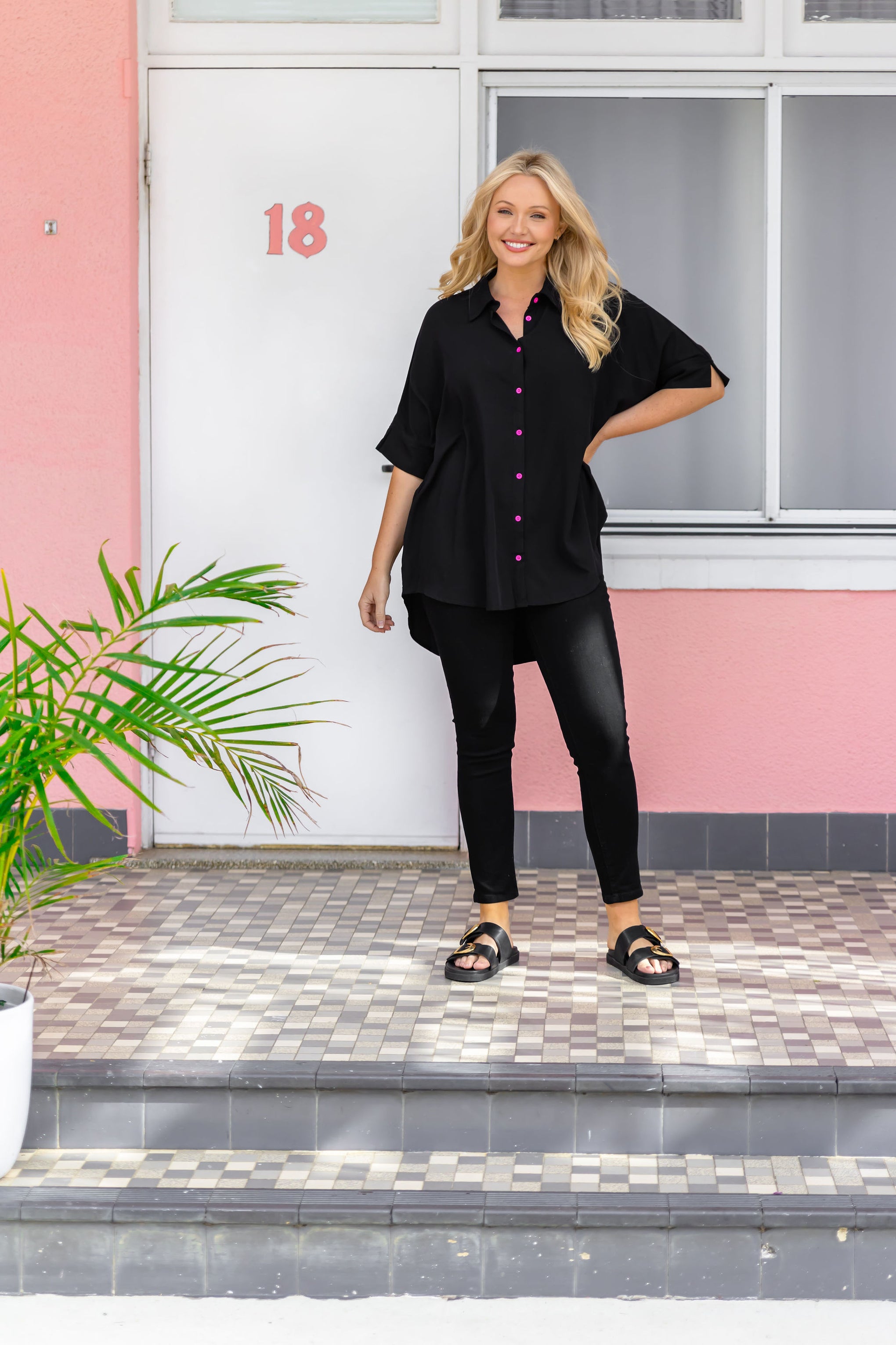 Tammin Shirt In Black with Pink Buttons