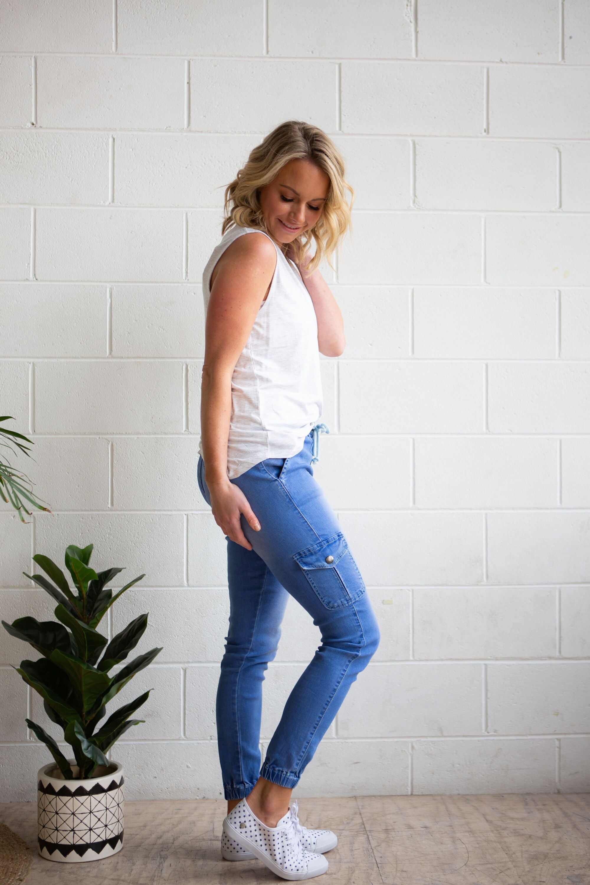 Florence Denim Joggers in Sky Blue