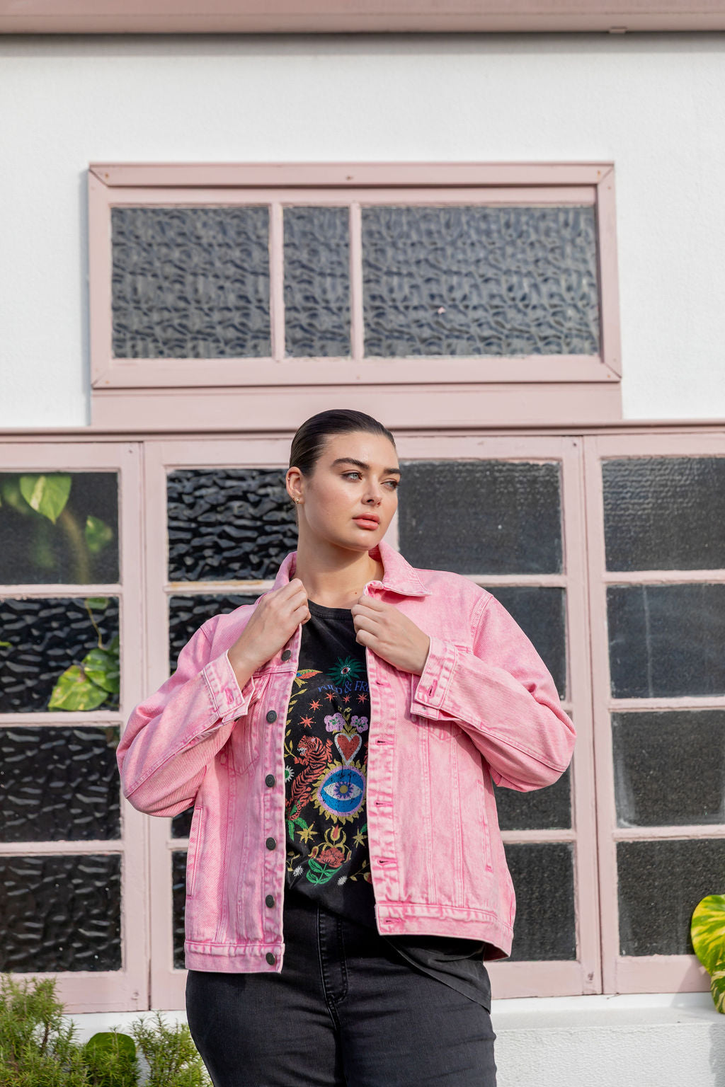 Hayden Boyfriend Denim Jacket in Pink Wash