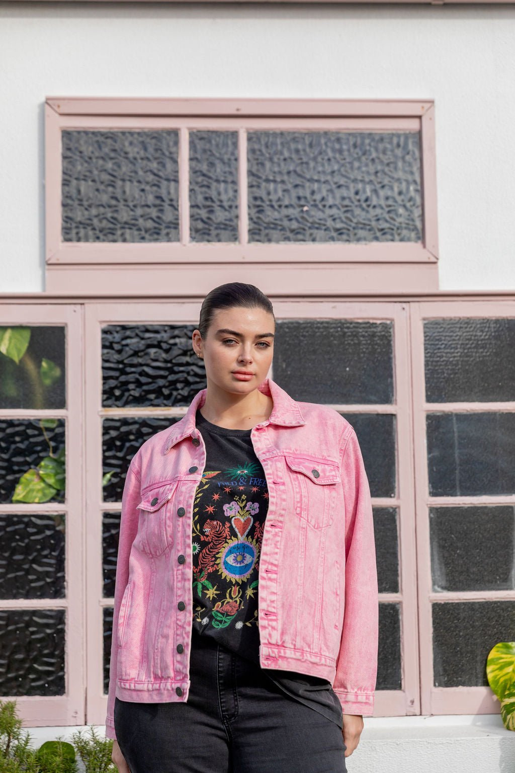 Hayden Boyfriend Denim Jacket in Pink Wash