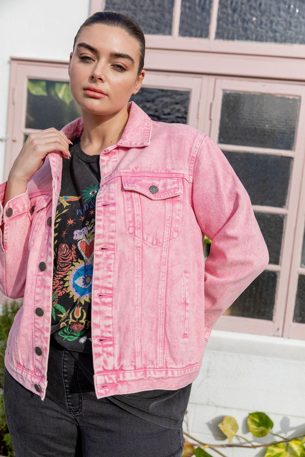 Hayden Boyfriend Denim Jacket in Pink Wash