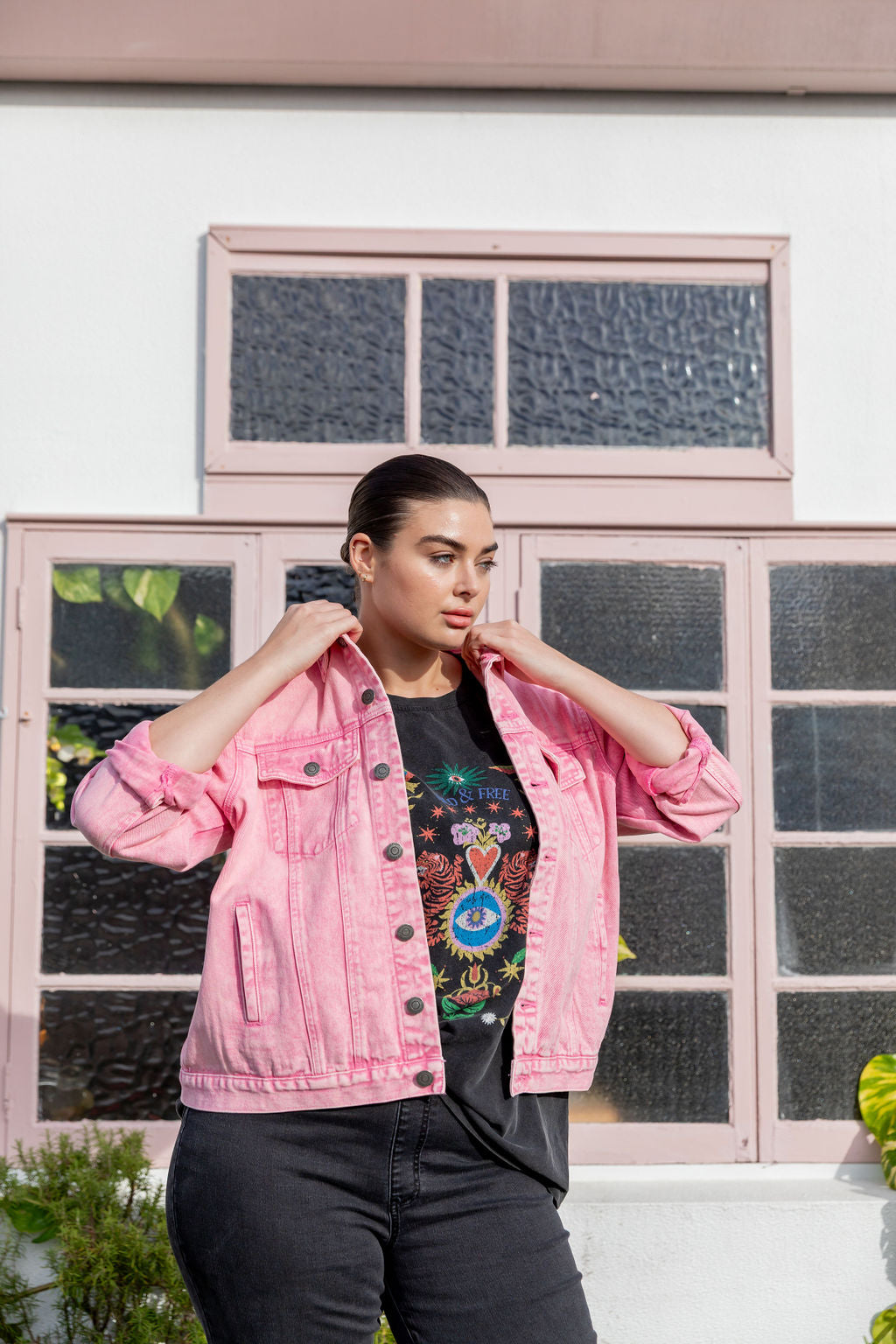 Hayden Boyfriend Denim Jacket in Pink Wash