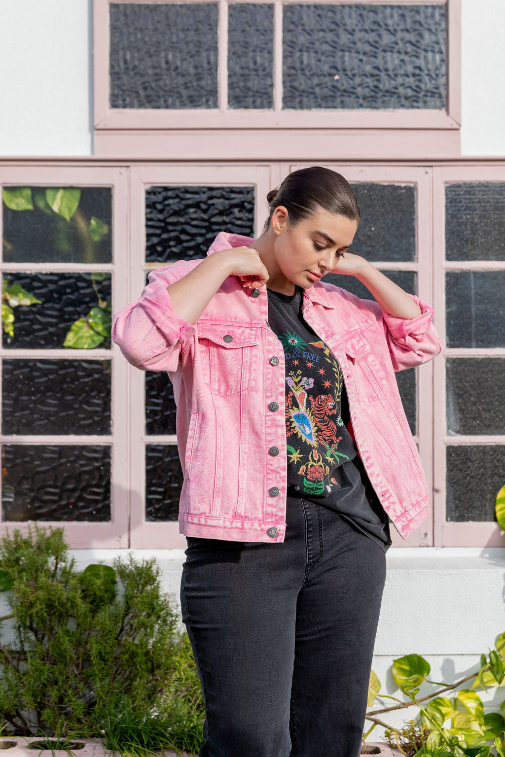 Hayden Boyfriend Denim Jacket in Pink Wash