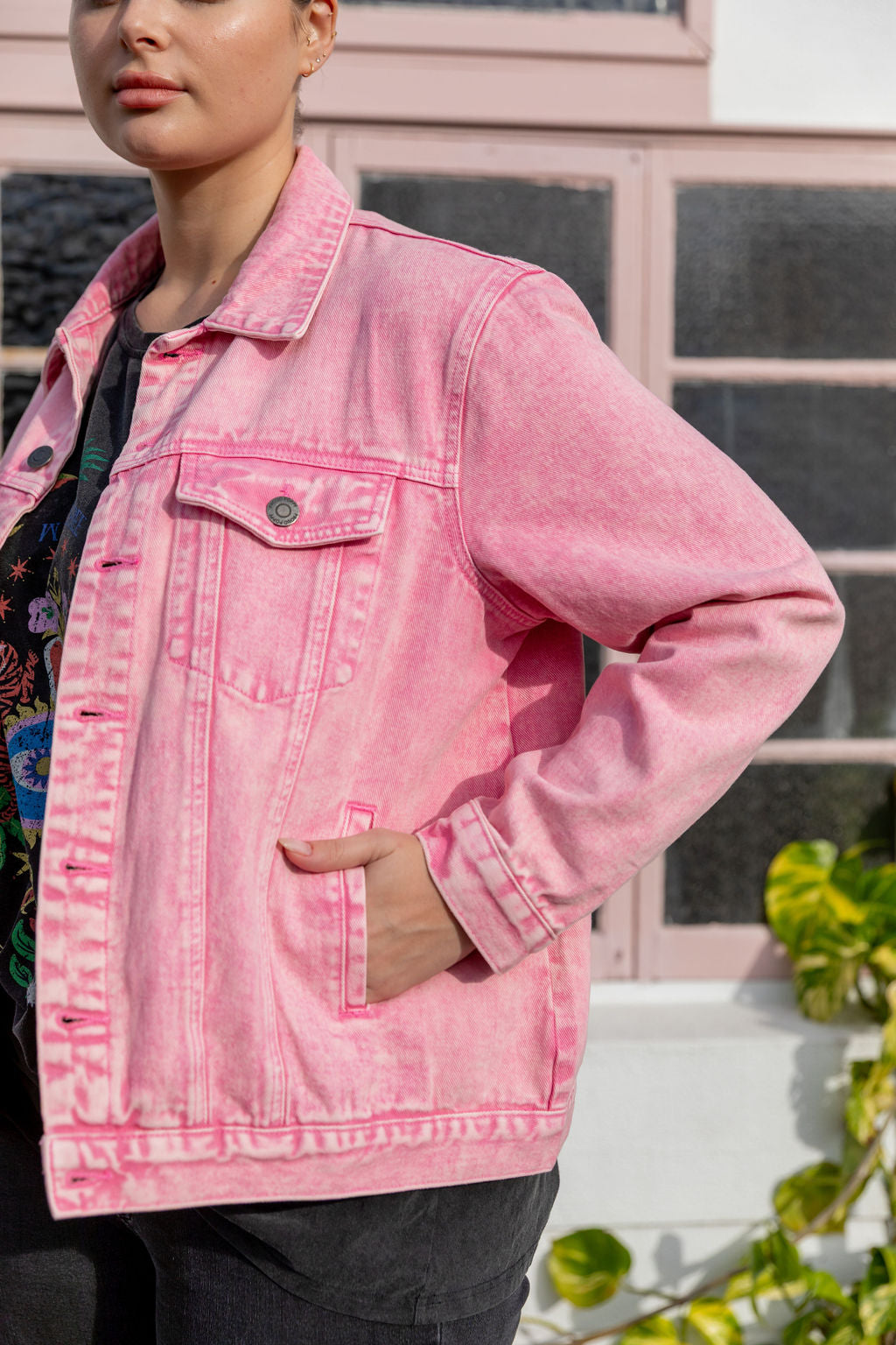 Hayden Boyfriend Denim Jacket in Pink Wash