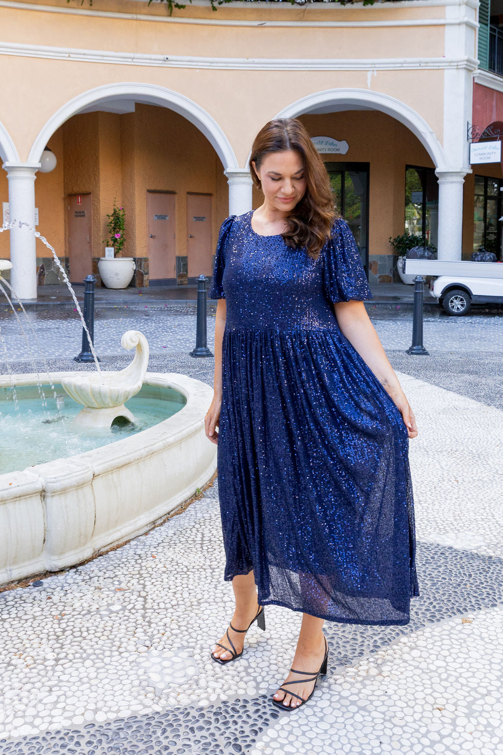 Glimmer Sequin Midi Dress in Navy