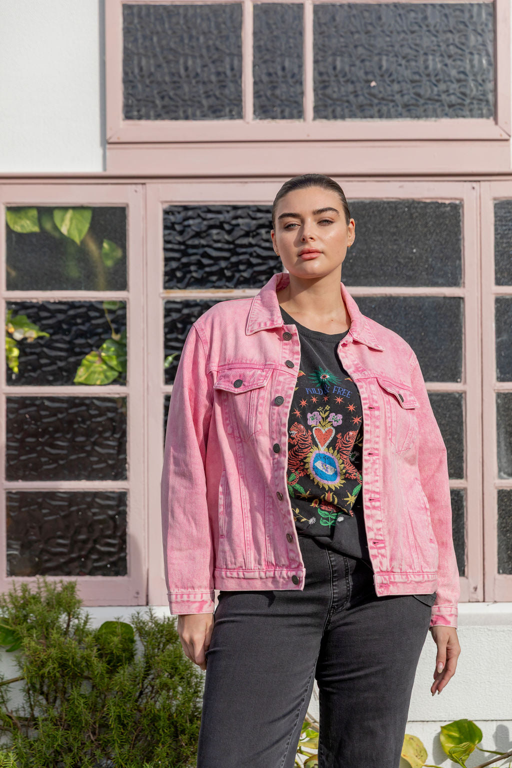 Hayden Boyfriend Denim Jacket in Pink Wash