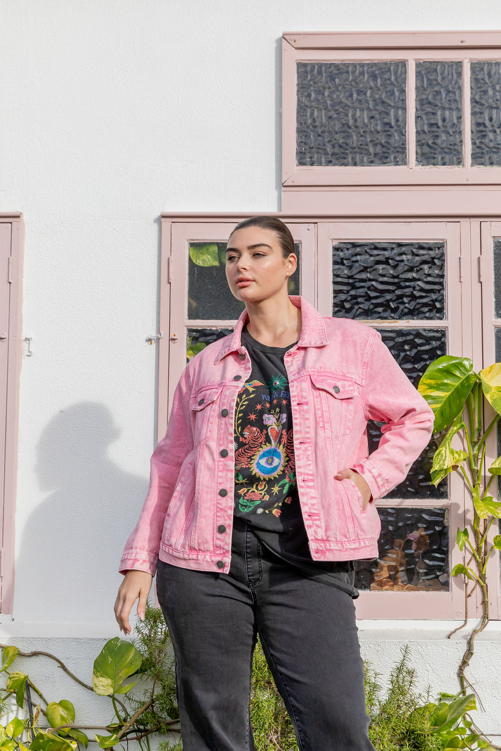 Hayden Boyfriend Denim Jacket in Pink Wash