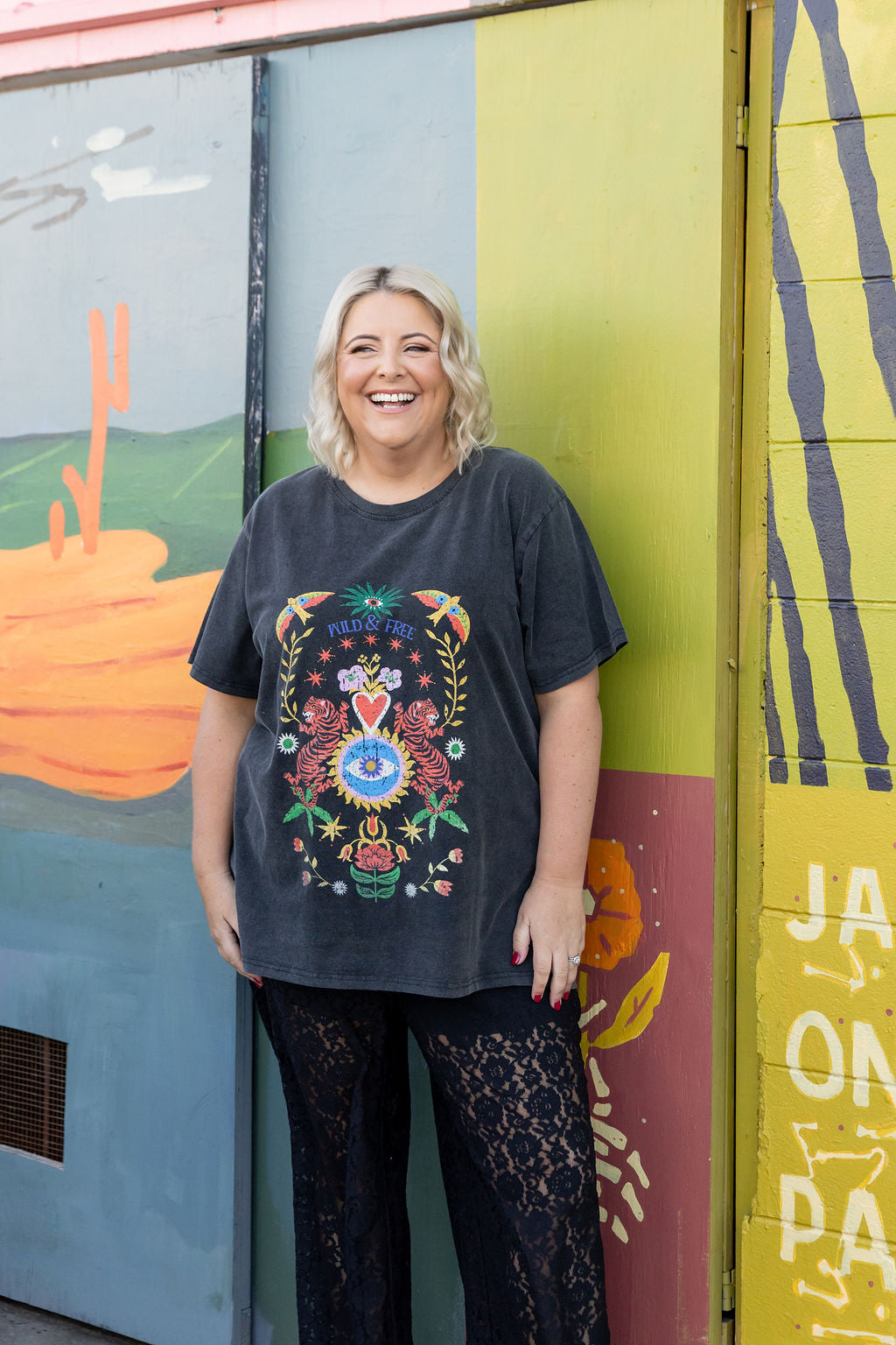 Wild & Free Oversized Tee in Black Acid Wash