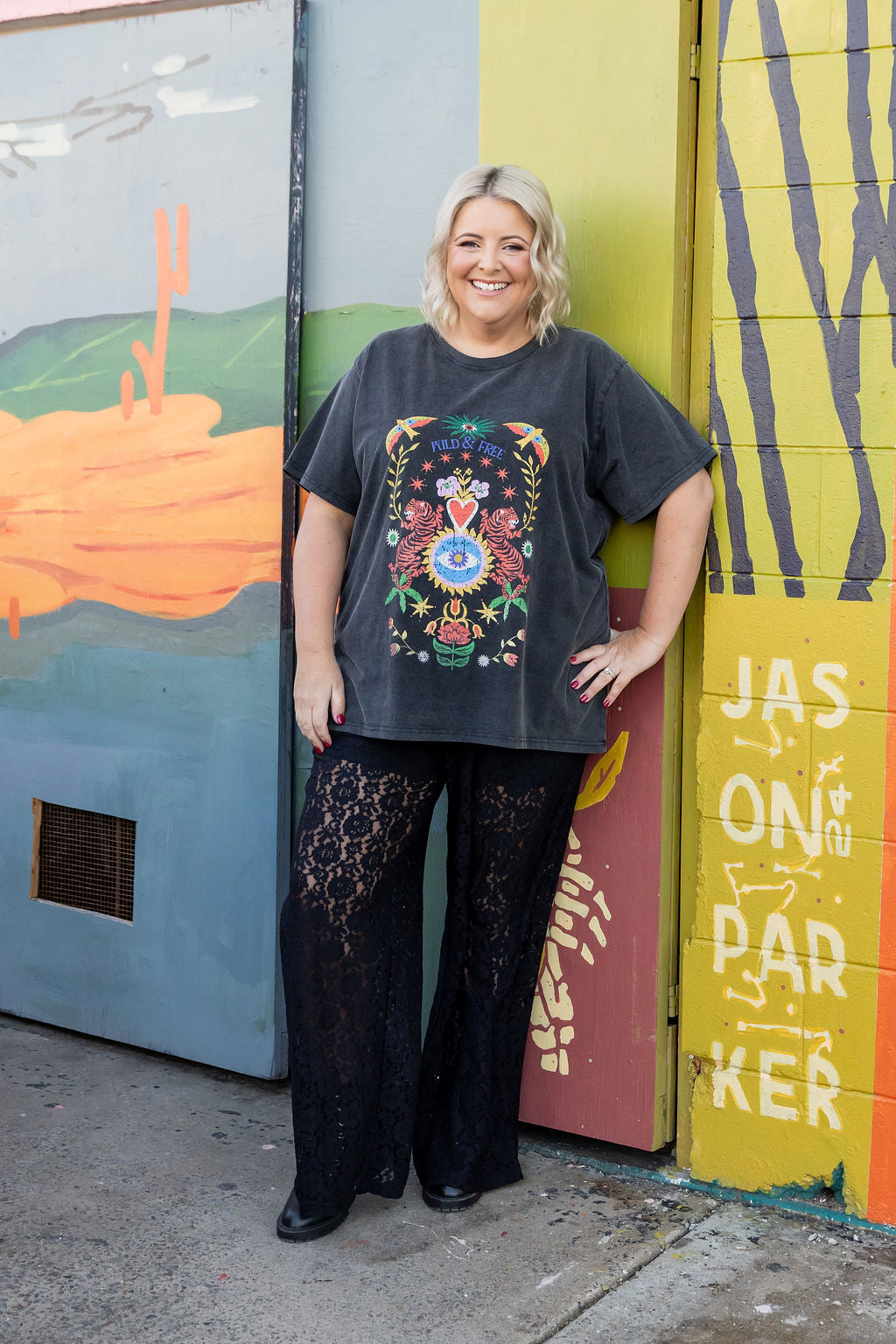 Wild & Free Oversized Tee in Black Acid Wash