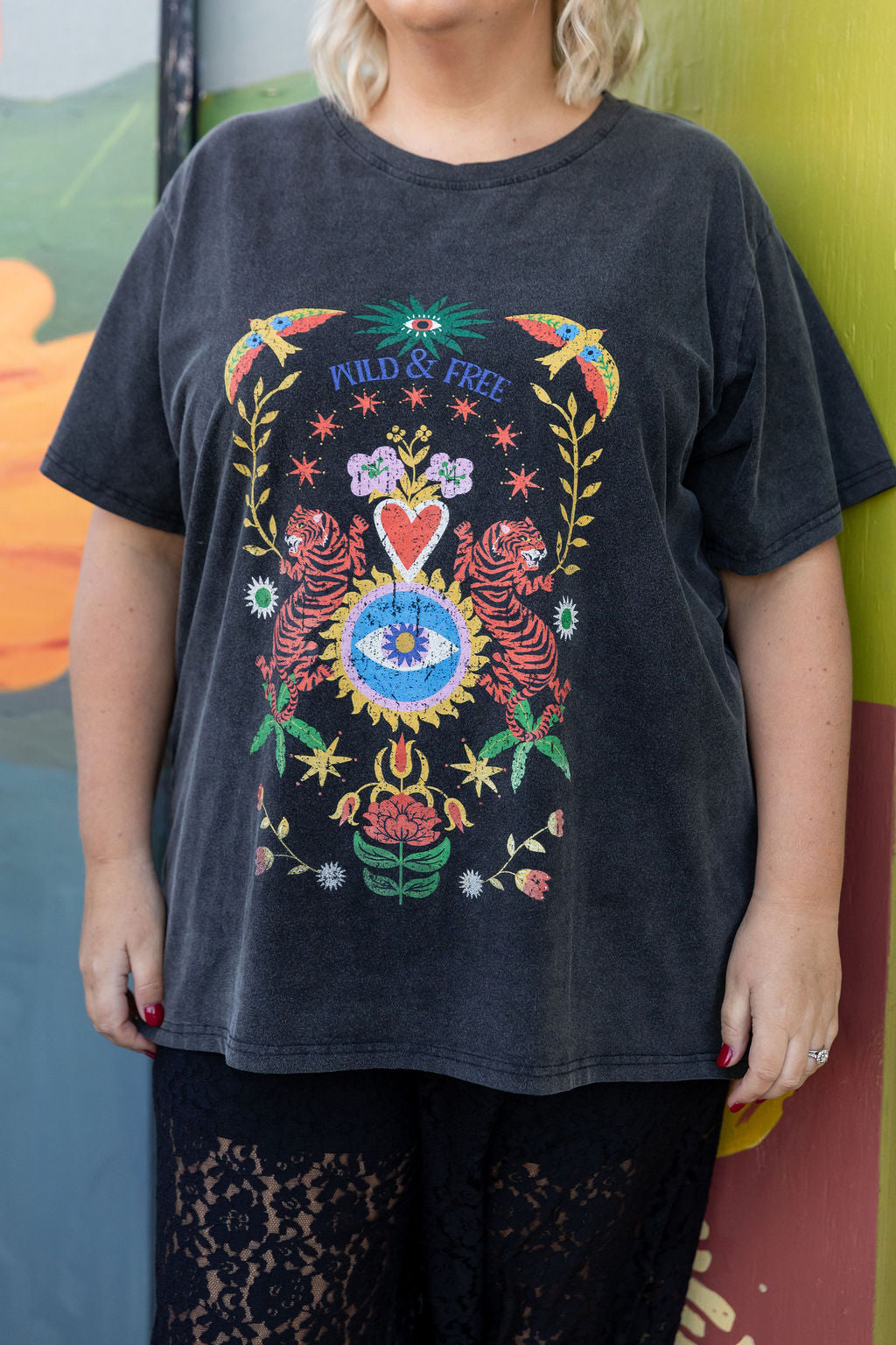 Wild & Free Oversized Tee in Black Acid Wash