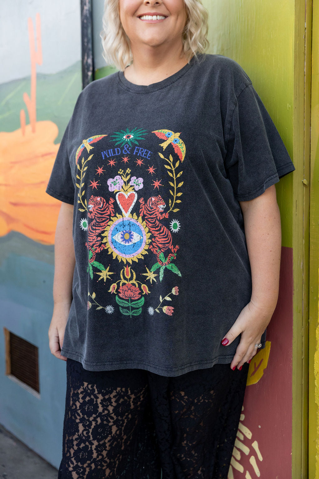 Wild & Free Oversized Tee in Black Acid Wash