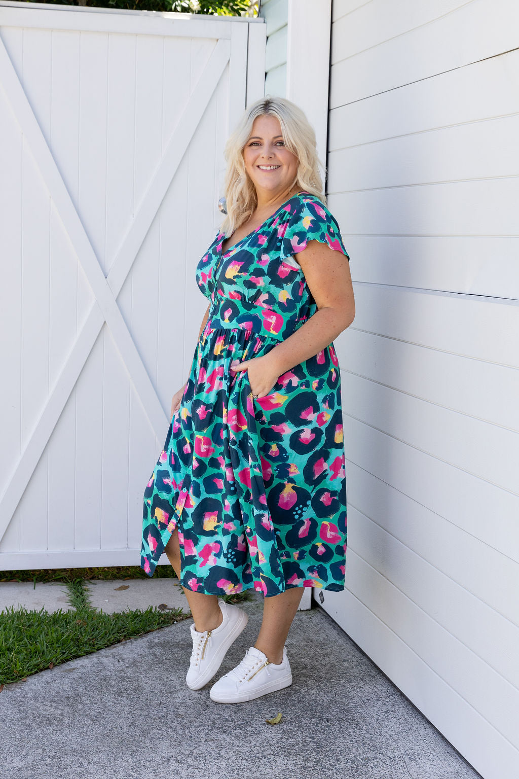 Aurora Midi Dress in Green Leopard by Kasey Rainbow