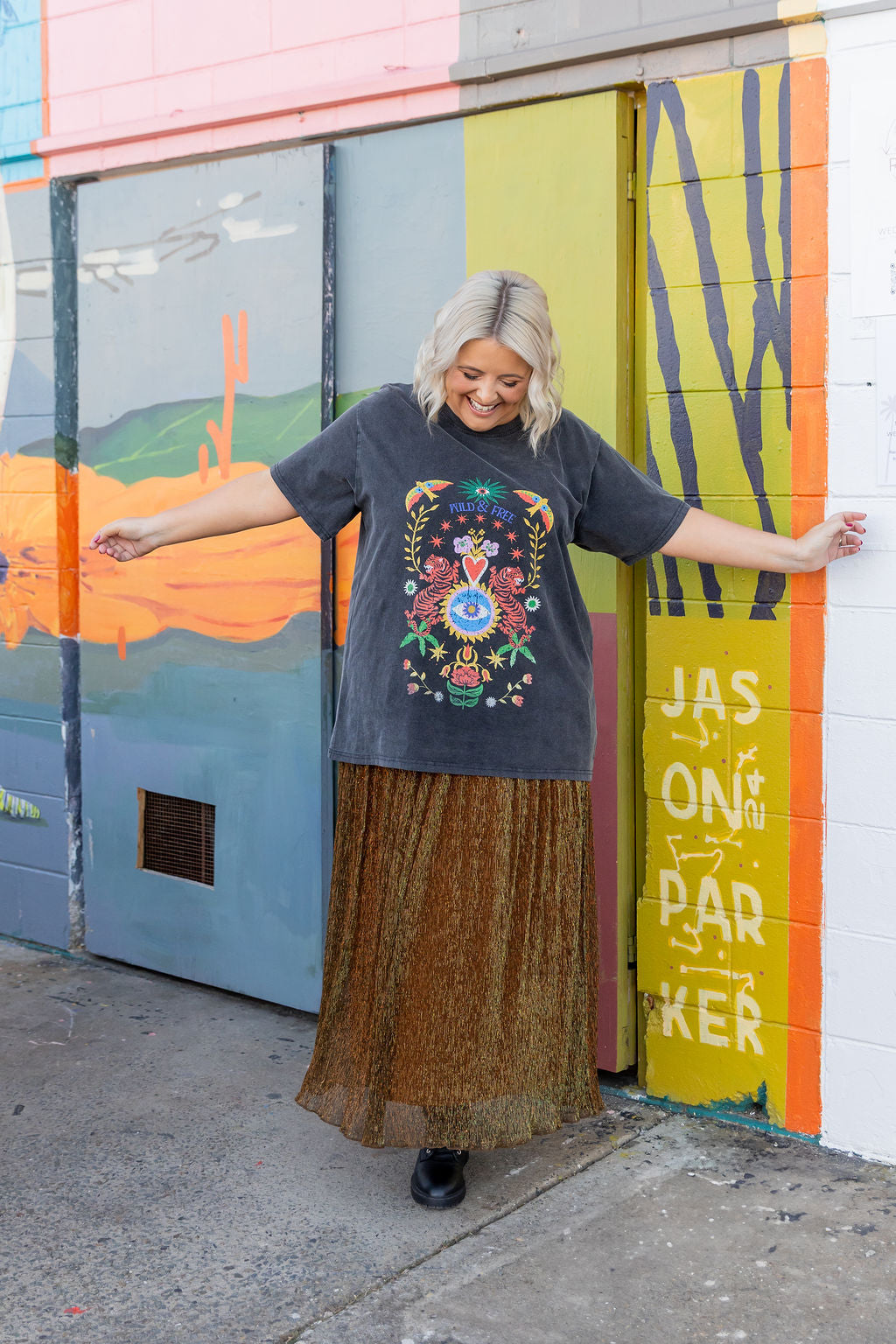 Wild & Free Oversized Tee in Black Acid Wash