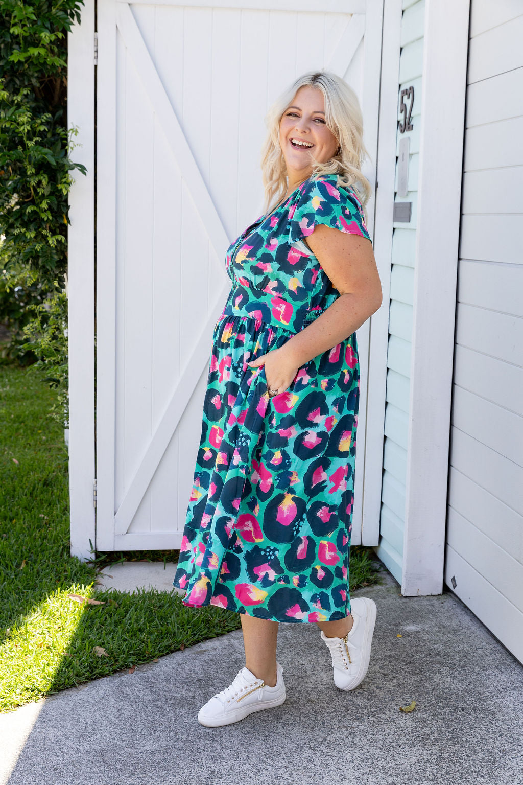 Aurora Midi Dress in Green Leopard by Kasey Rainbow