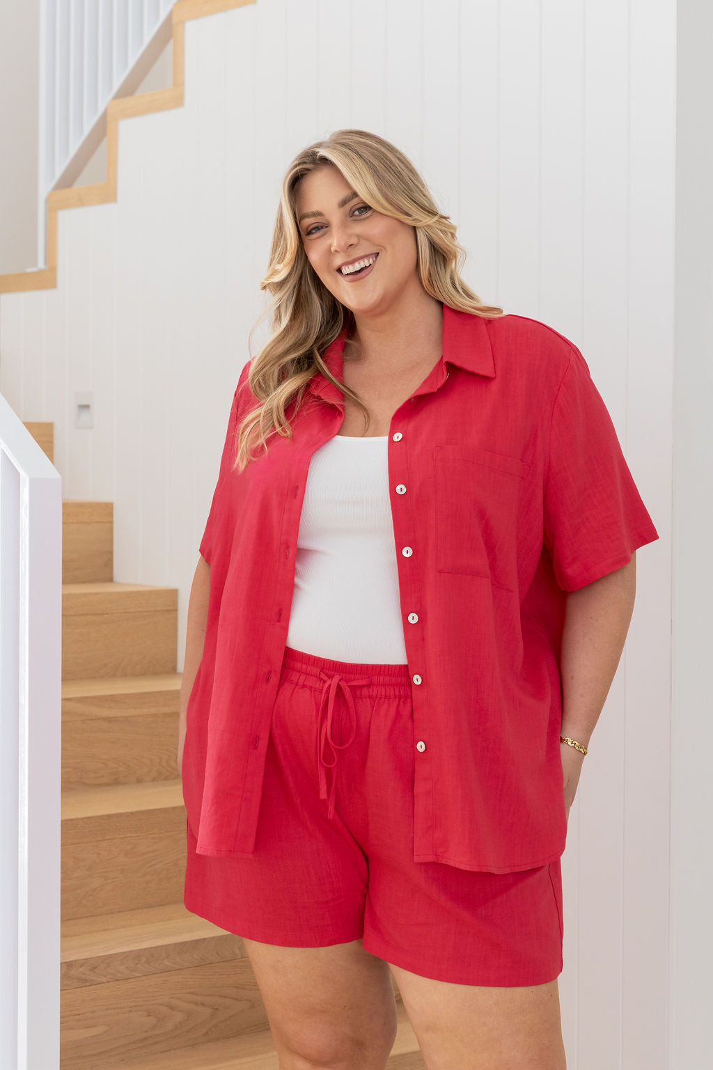 Harlow Linen Blend Shorts in Cherry Pink