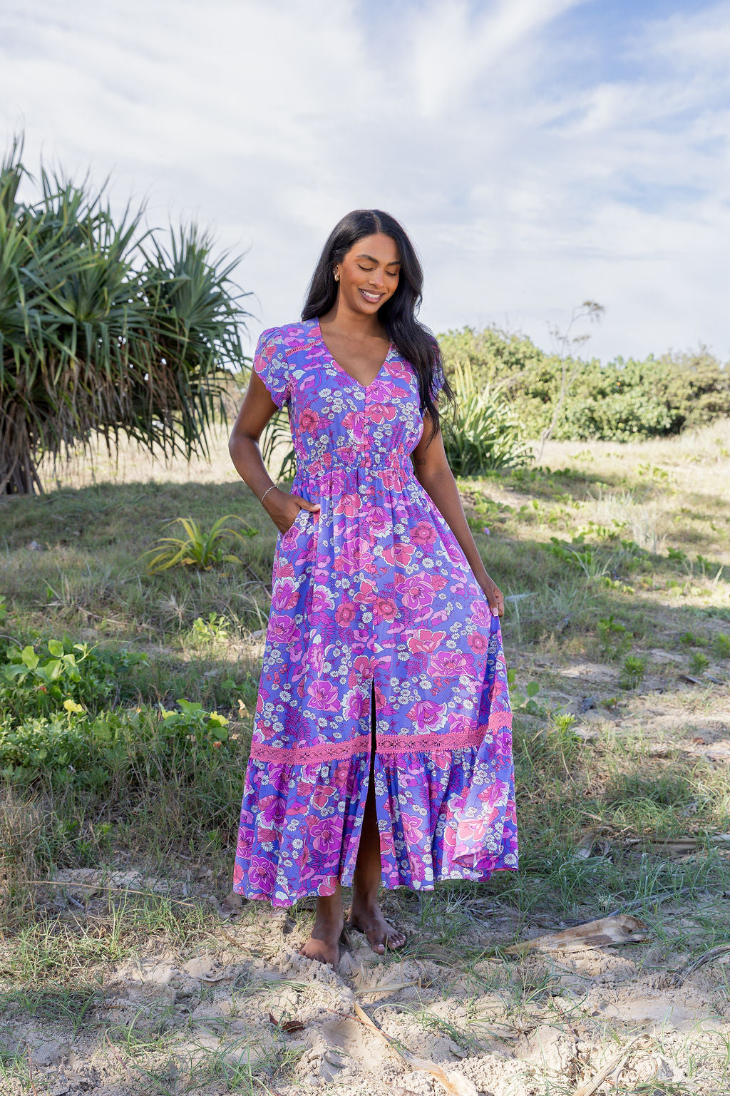 Louisa Maxi Dress in Purple Floral